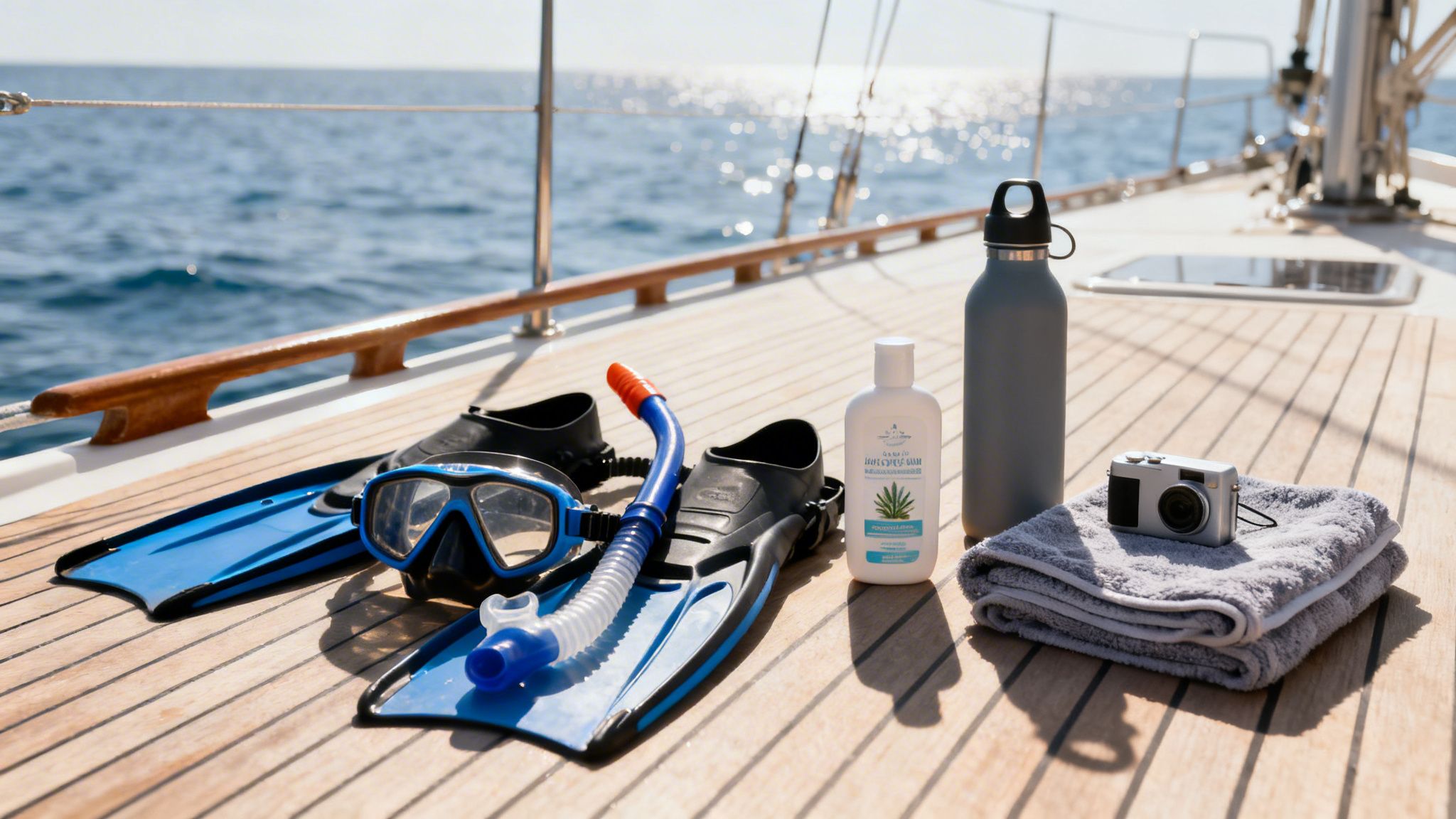 Snorkeling equipment, sunscreen, a water bottle, and a camera on a yacht deck.