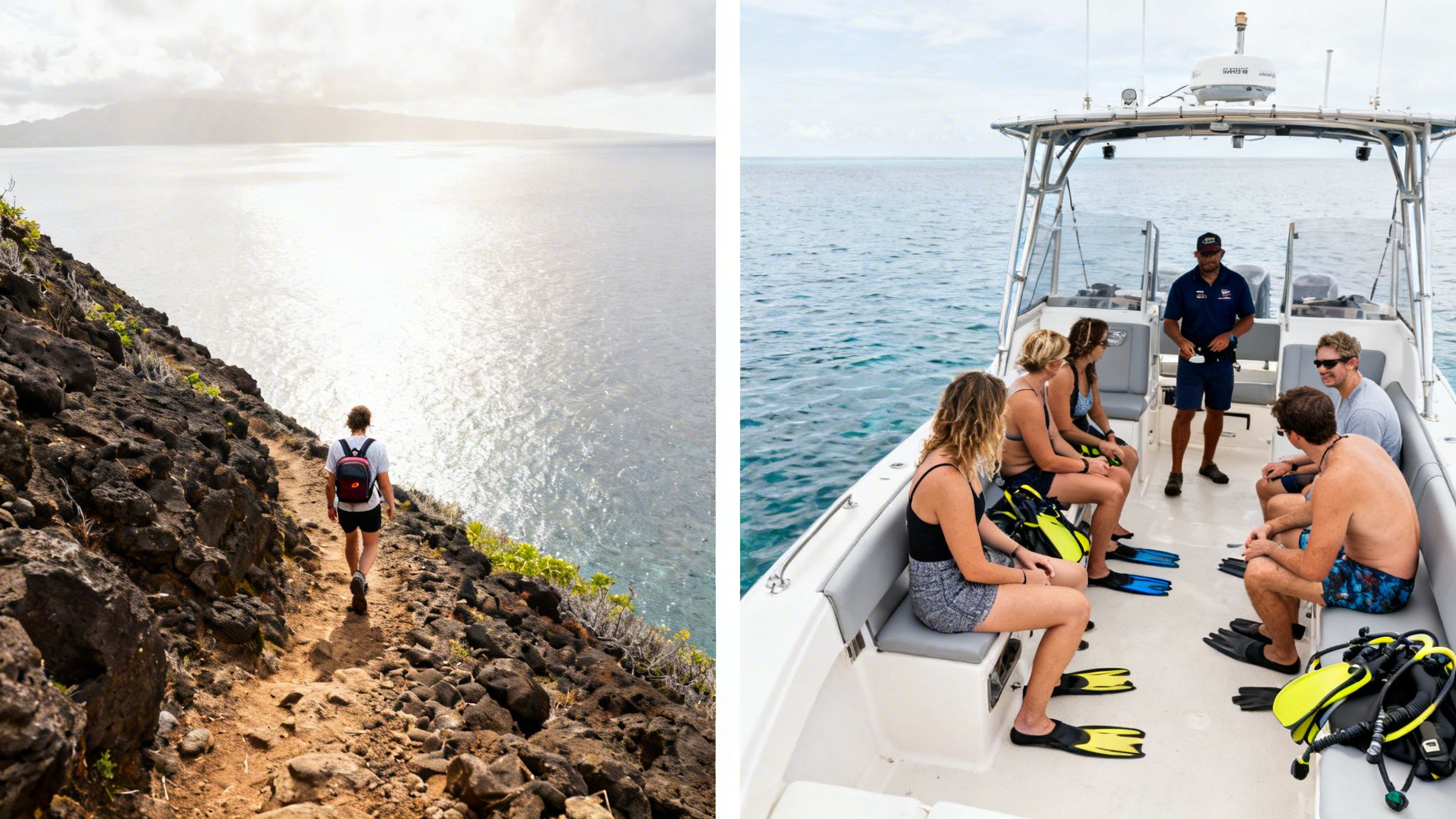 A person hiking on a rocky trail overlooking the ocean and a group on a boat with snorkeling gear.