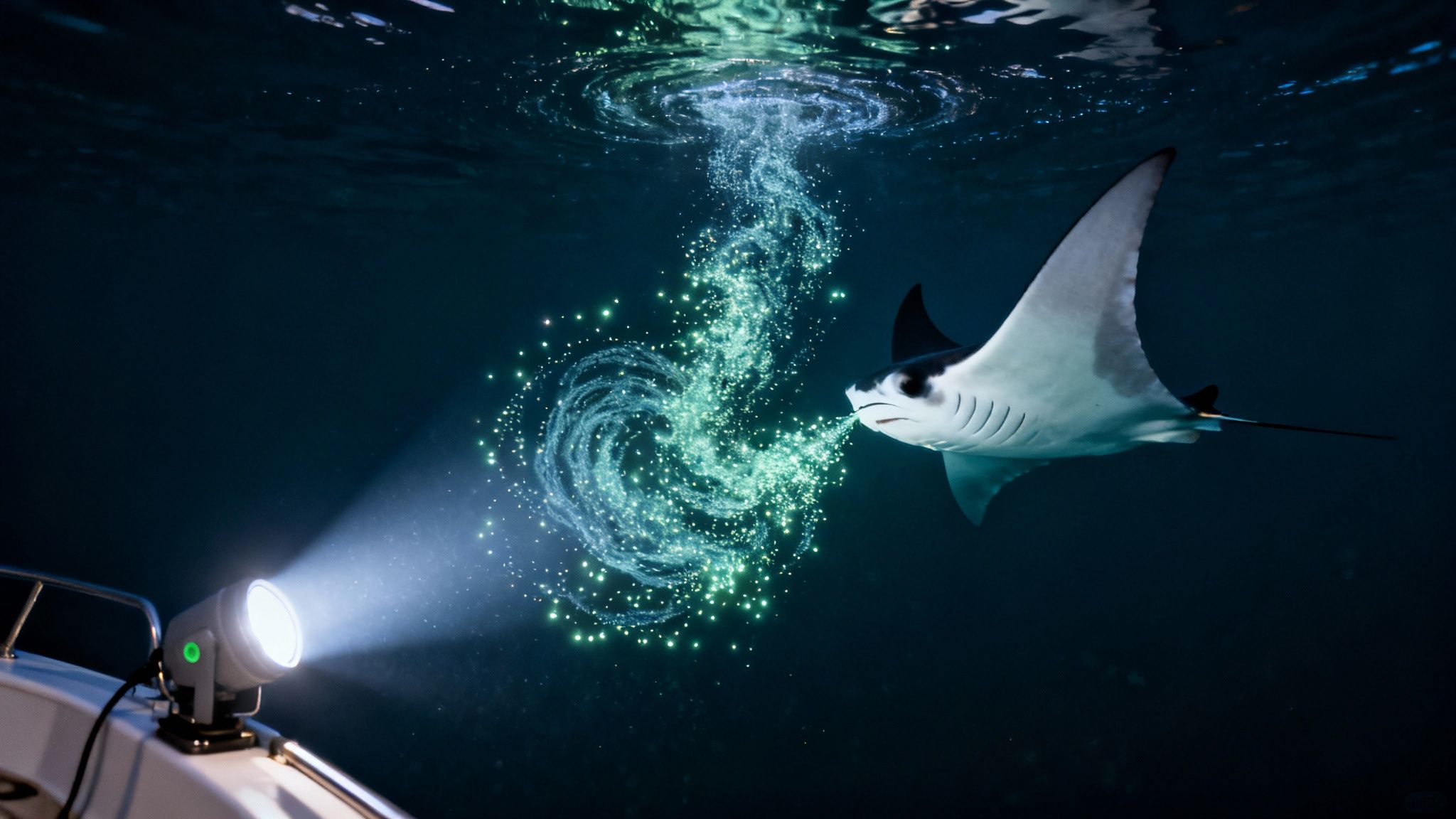 A manta ray feeding on glowing plankton illuminated by a boat&#39;s spotlight at night.