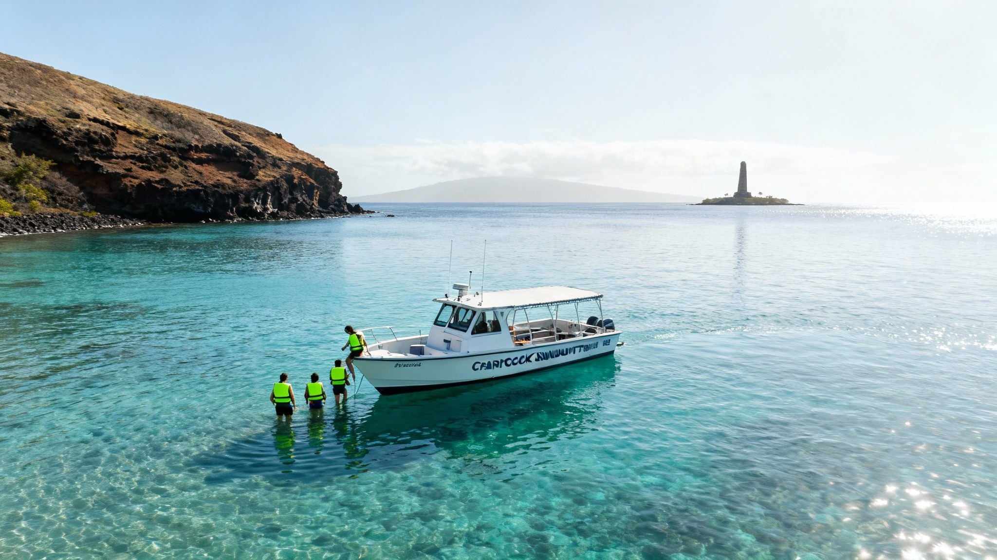 People in life vests in clear turquoise water beside a boat, with the Captain Cook Monument in the distance.