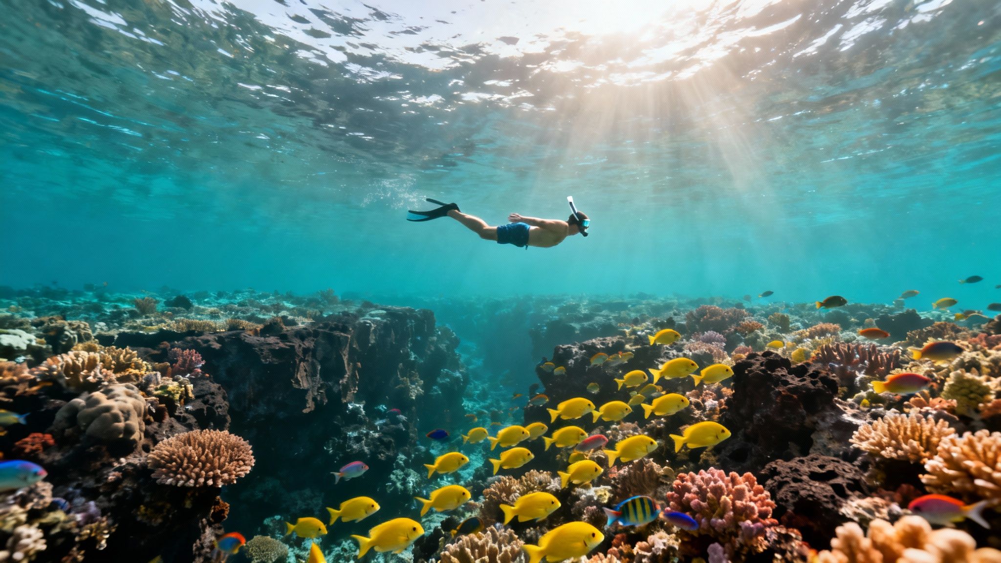 A man snorkeling above a vibrant coral reef, with sun rays and many tropical fish.