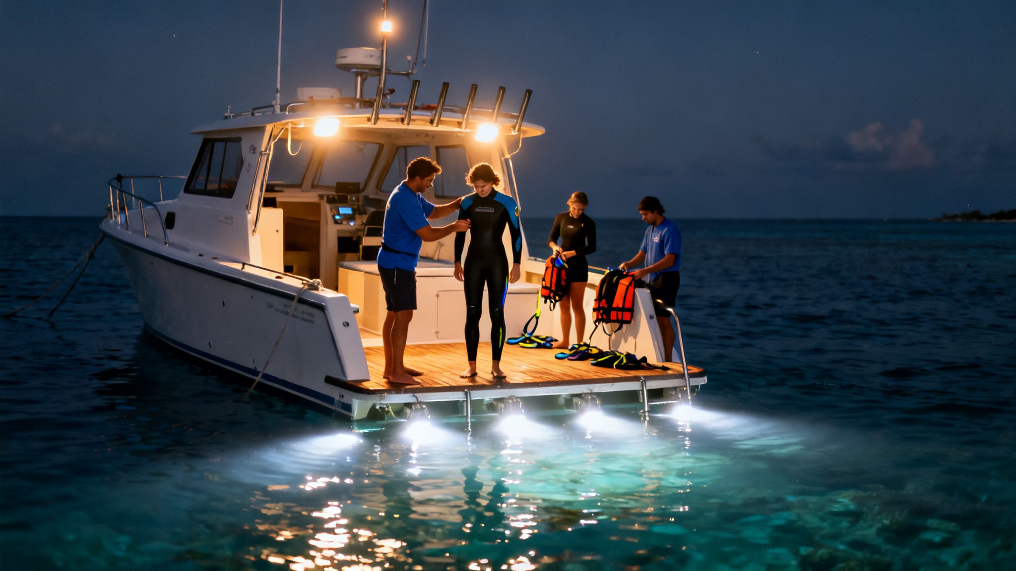 People on a boat at night with glowing underwater lights, preparing for snorkeling.