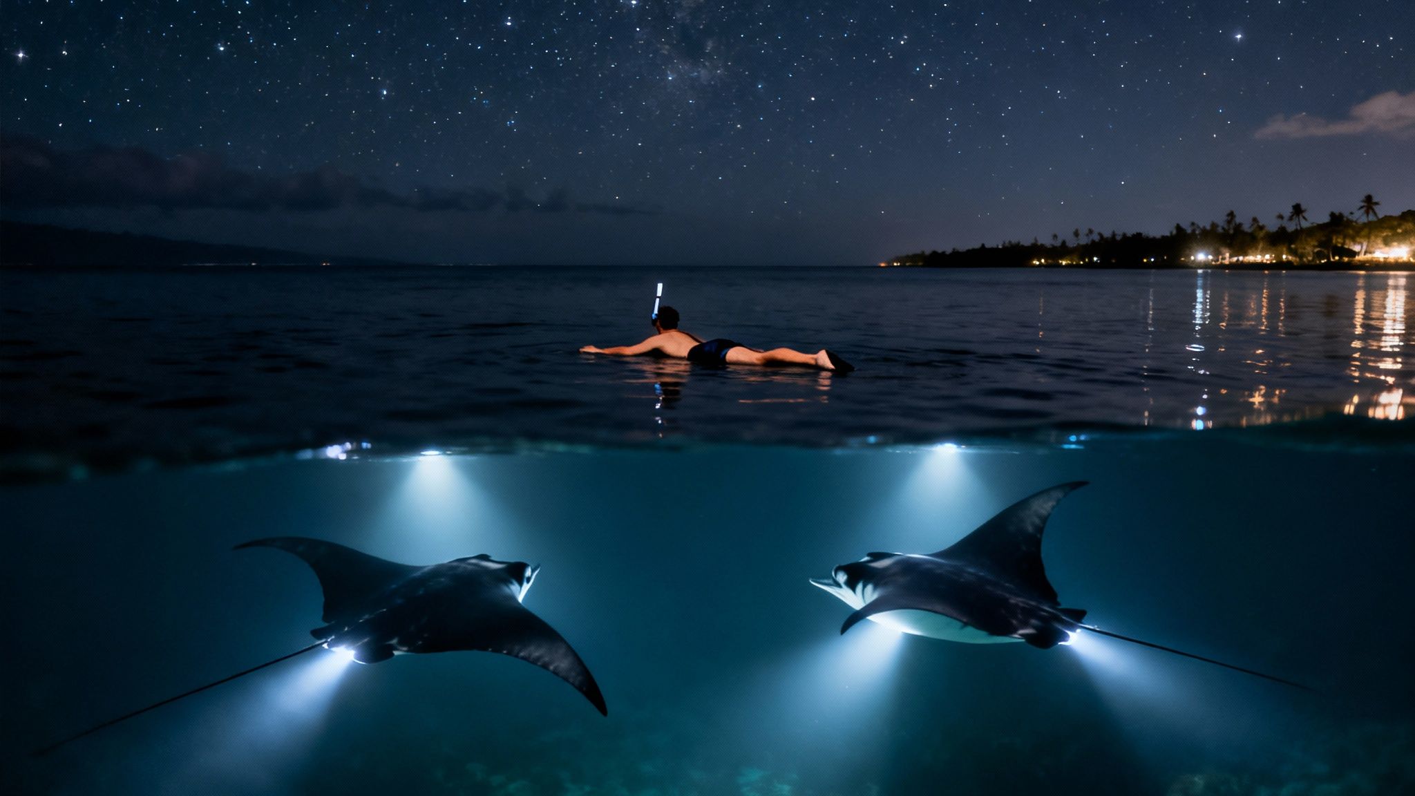 Split image of a person snorkeling at night under stars, with two manta rays swimming underwater.