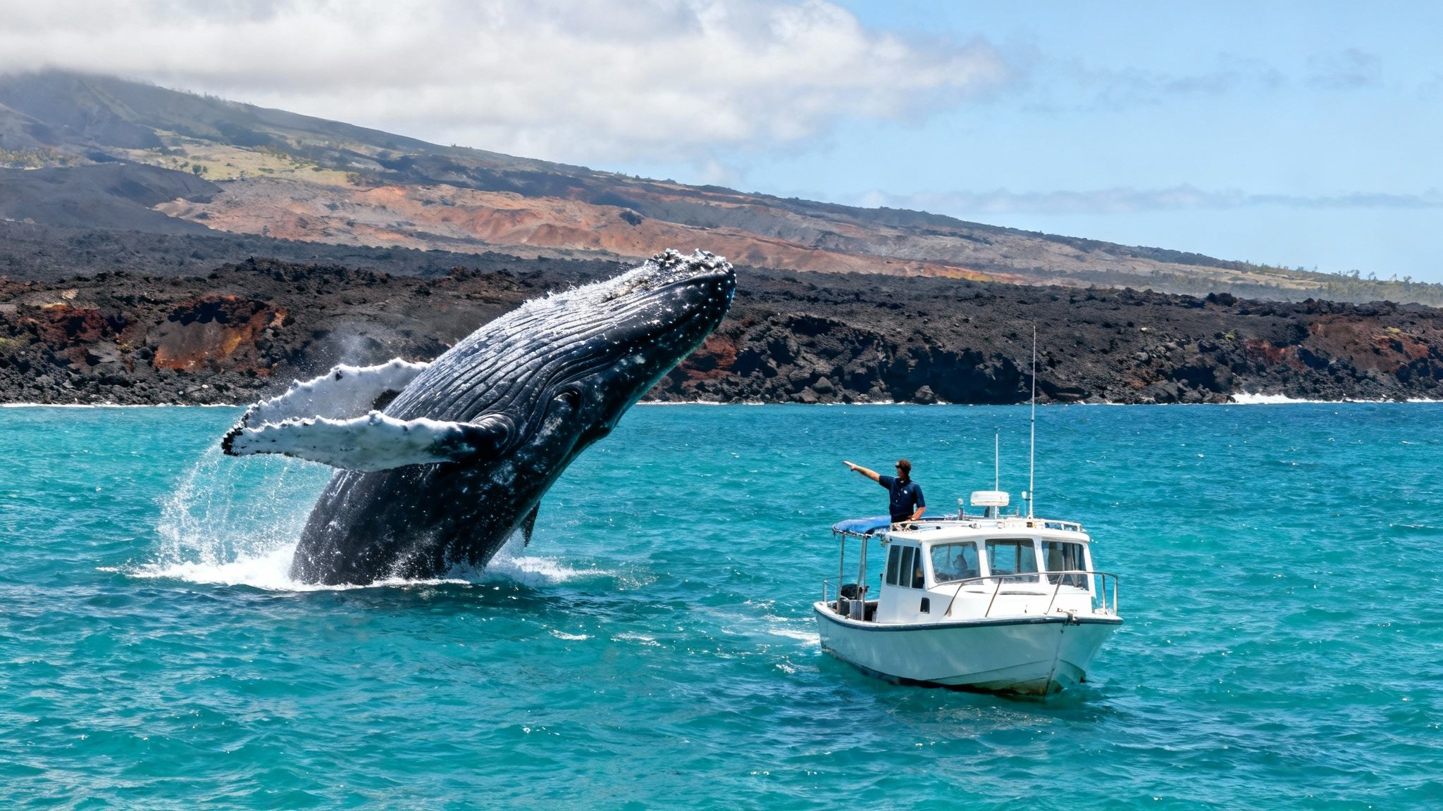A magnificent humpback whale breaches from turquoise ocean waters beside a small tour boat with a guide pointing.