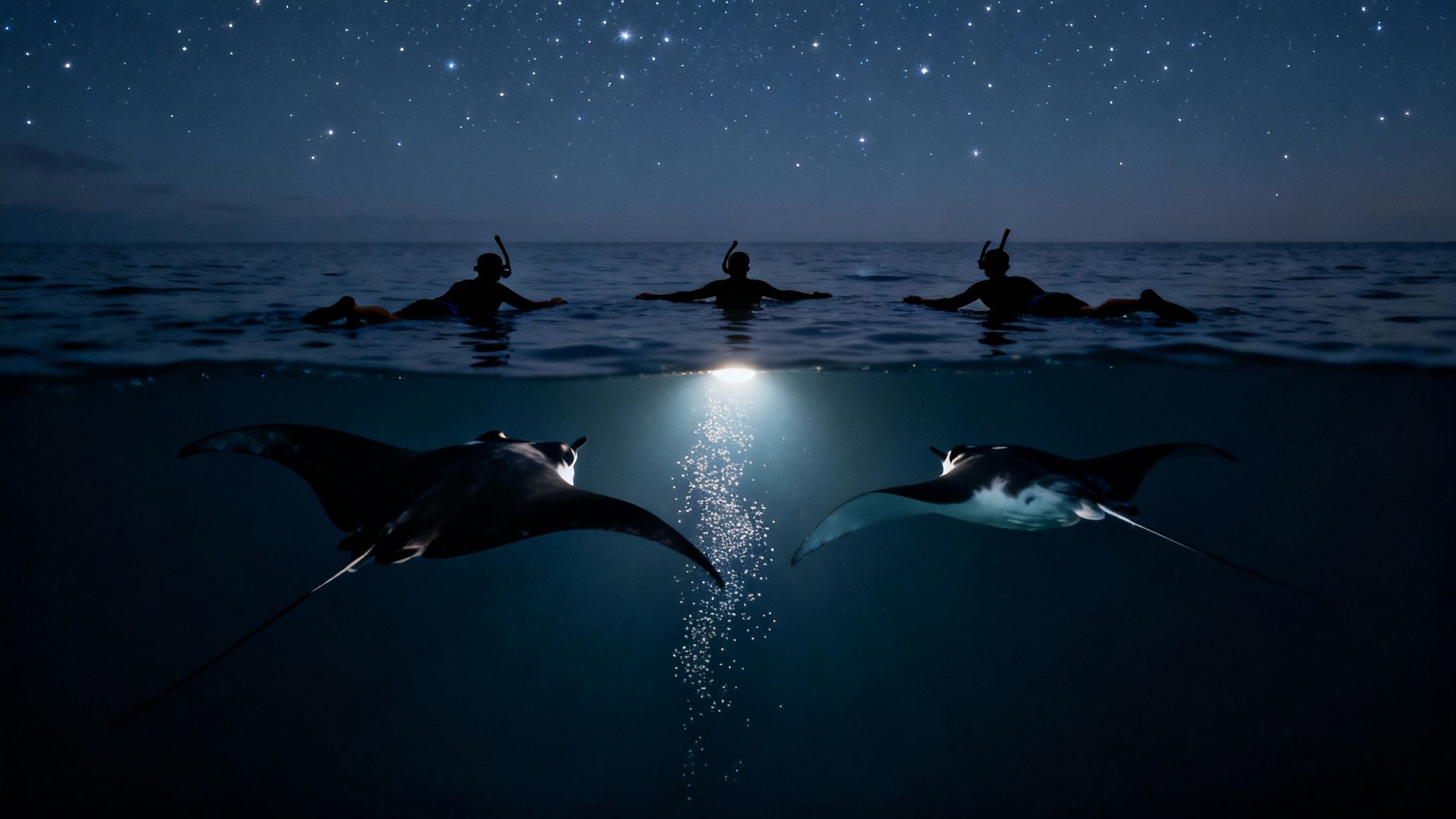 Three people night snorkeling with giant manta rays under a beautiful star-filled sky.