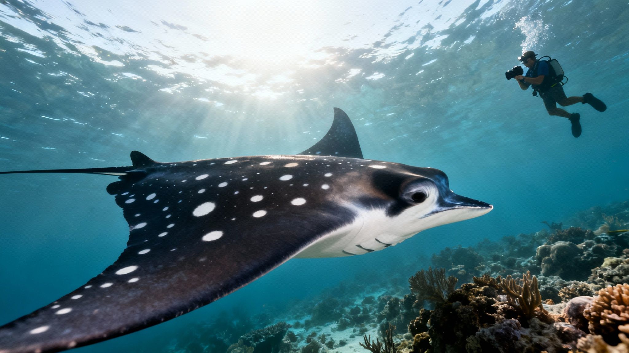 A spotted eagle ray swims underwater as a diver photographs it, with sunlight rays.