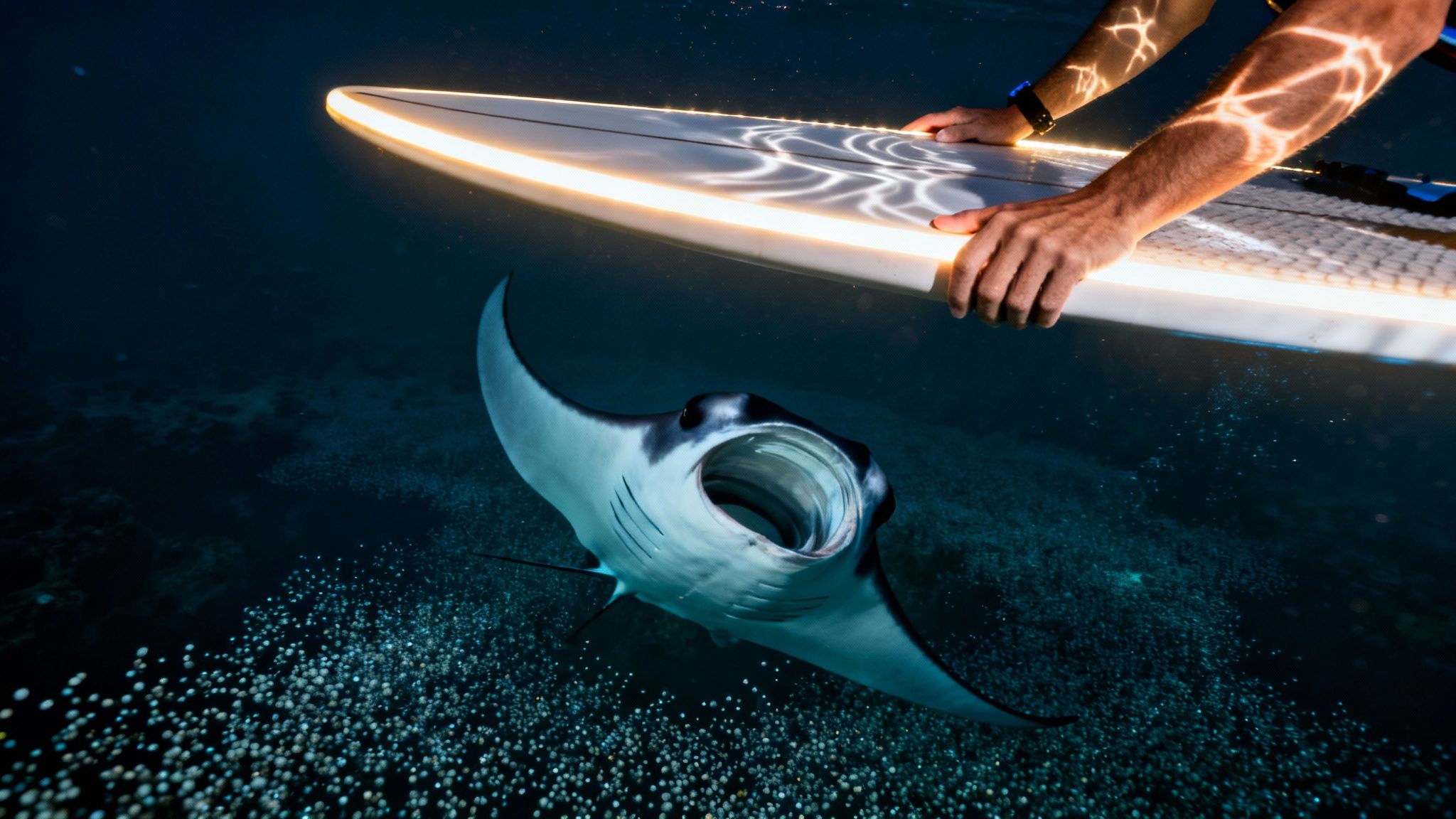 Person with illuminated surfboard swimming above a majestic manta ray in dark ocean.