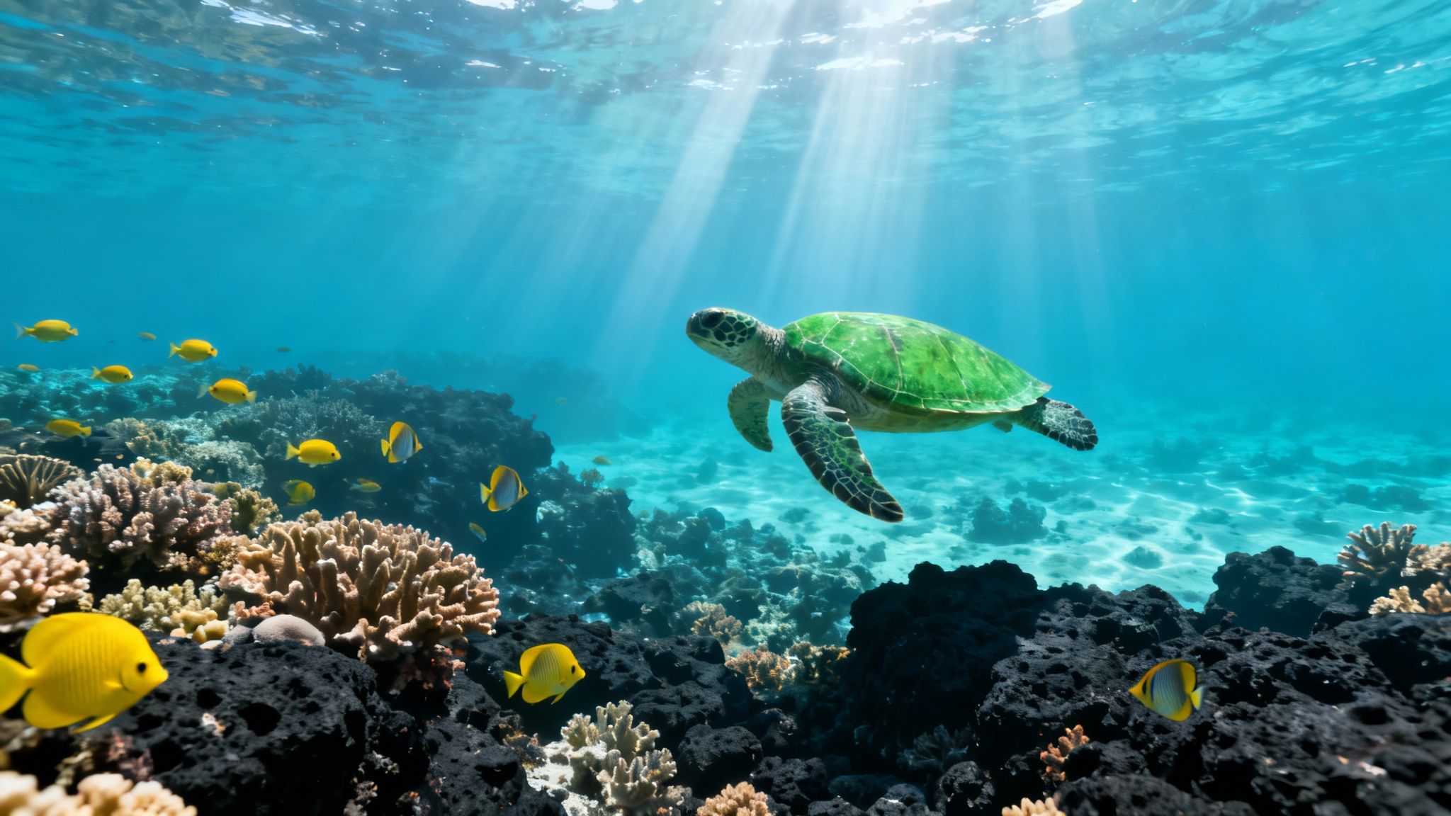 A vibrant underwater scene with a green sea turtle swimming over a coral reef teeming with yellow fish, bathed in sun rays.