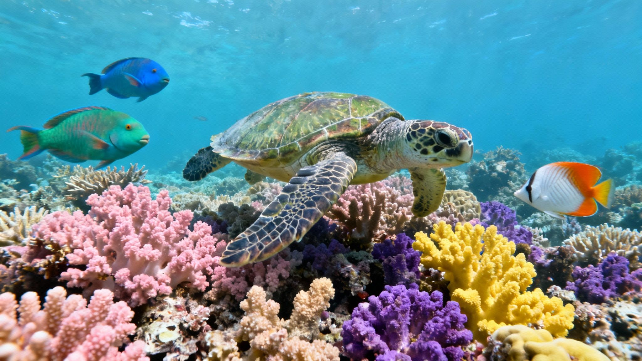 A majestic green sea turtle glides over a vibrant coral reef teeming with colorful fish.