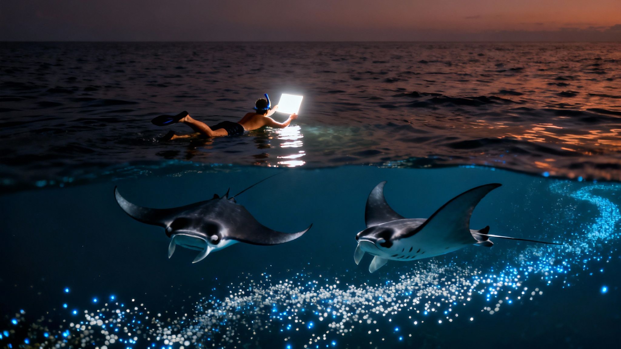 Snorkeler illuminates two manta rays and bioluminescent plankton underwater at sunset.