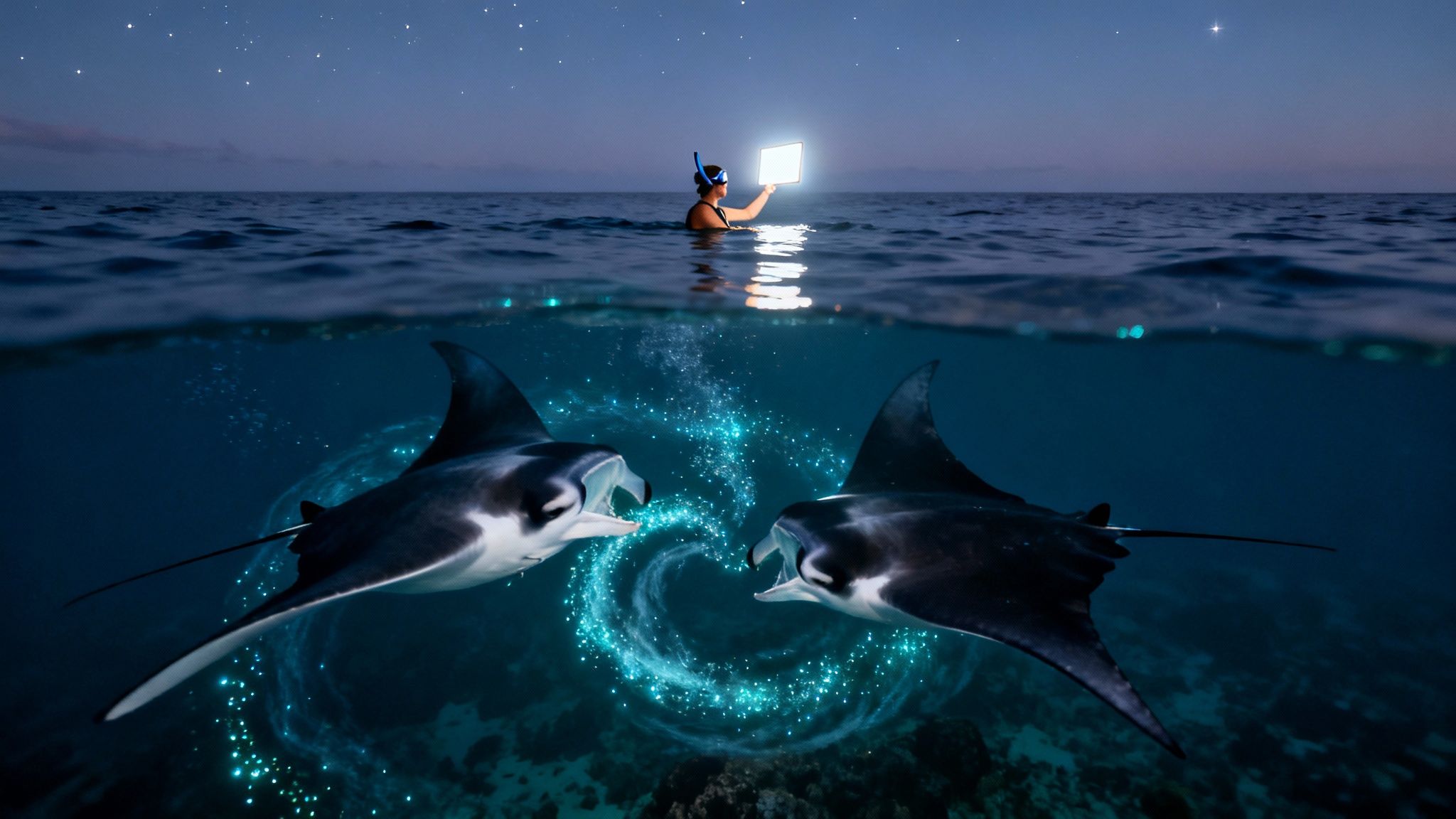 A snorkeler holds a glowing tablet above water at night, with two manta rays and bioluminescence below.