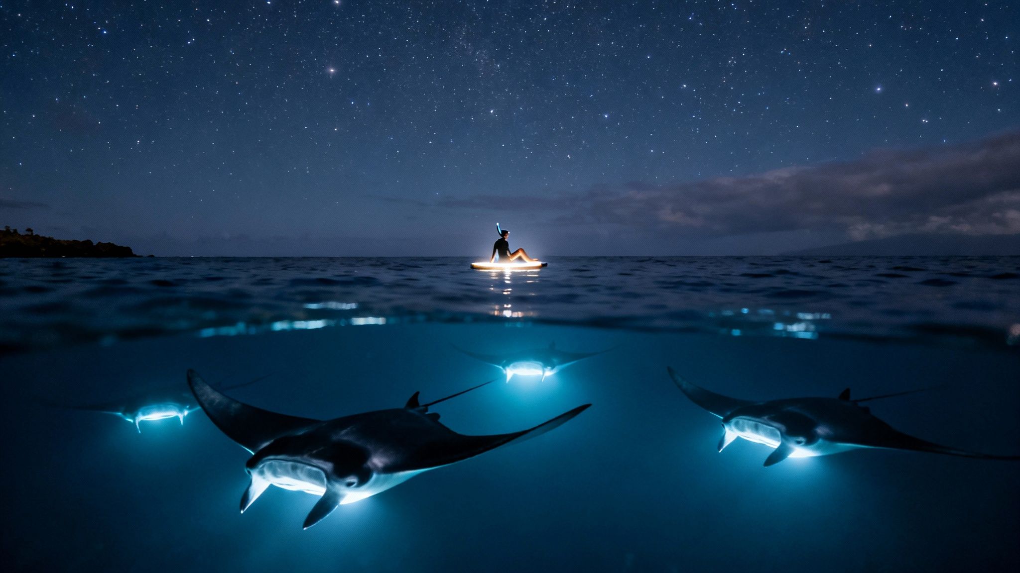 A person on a glowing paddleboard watches manta rays swimming underwater at night beneath a starry sky.