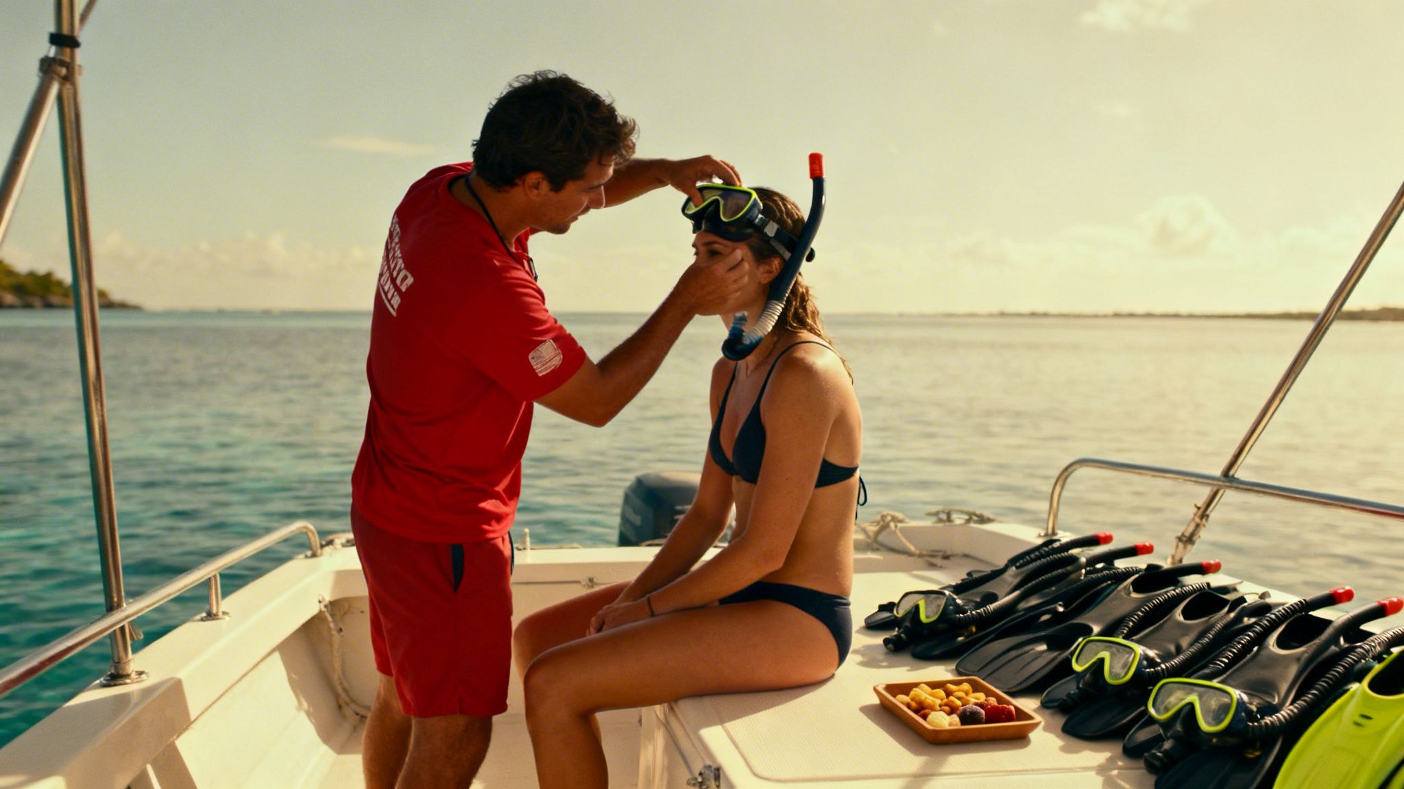 A man helps a woman adjust her snorkel mask on a boat with flippers and snacks.