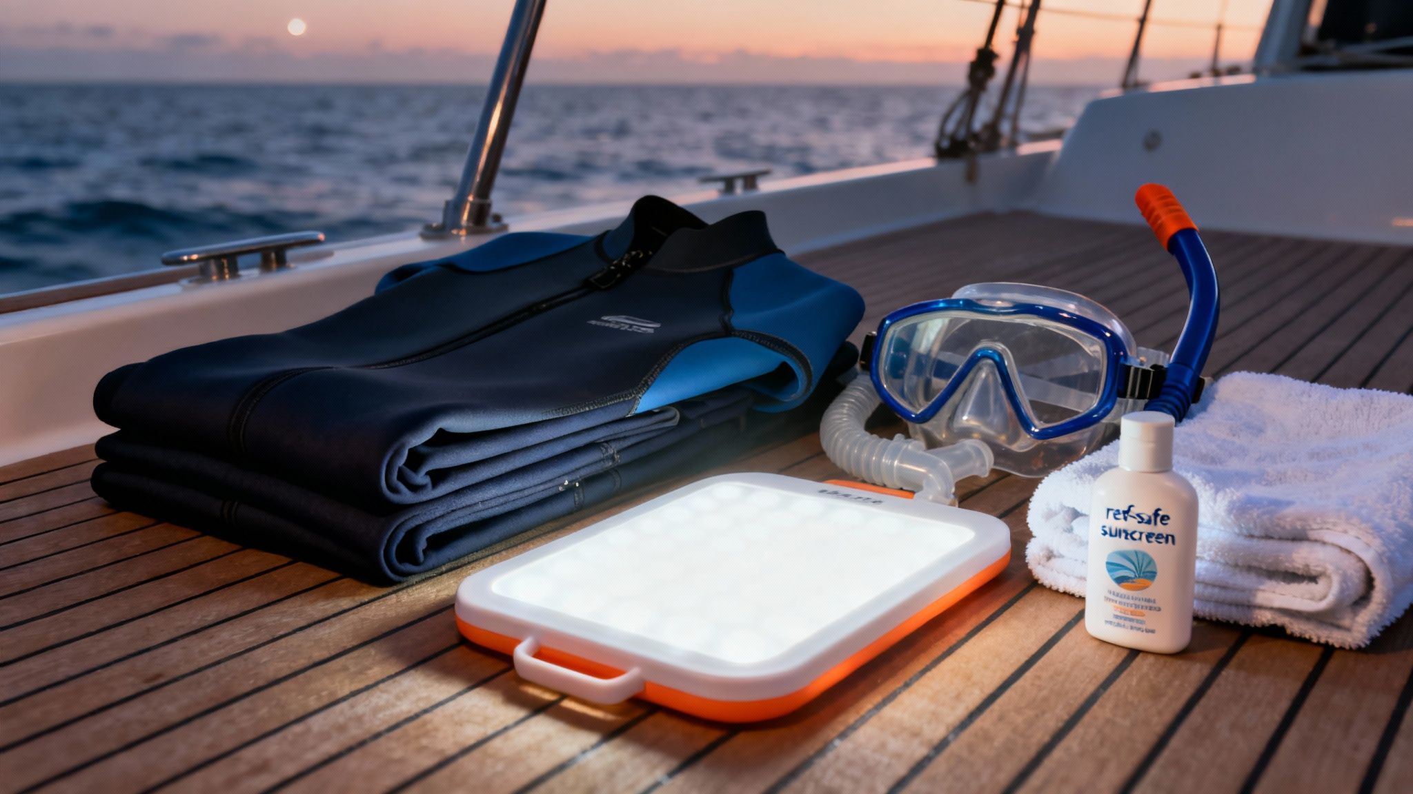 Snorkeling gear, wetsuit, portable light, and sunscreen on a boat deck at sunset.