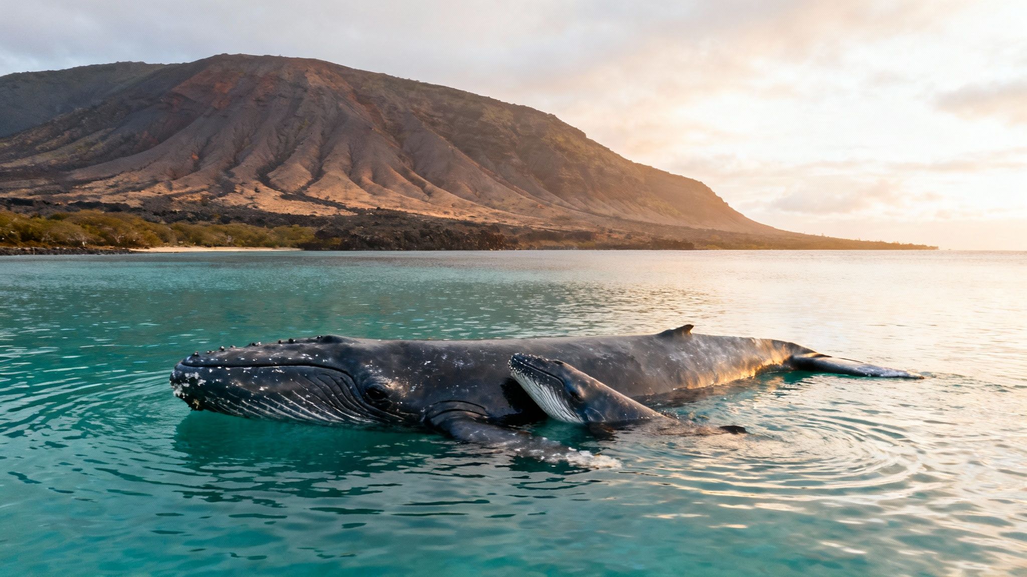 A mother and calf humpback whale swimming together in the clear blue waters of Kona, Hawaii.