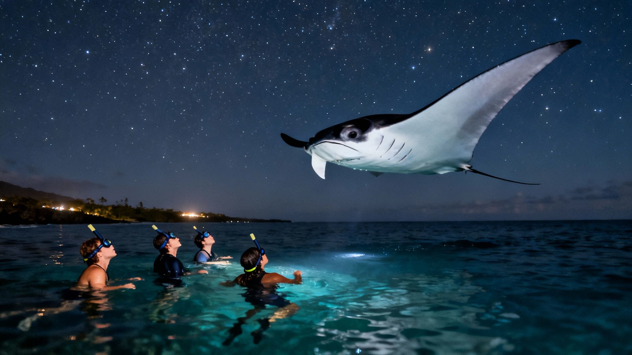 Four snorkelers watch a majestic manta ray gliding above them under a stunning starry night.