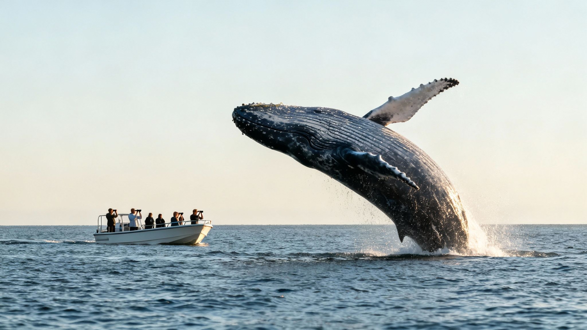 A massive humpback whale breaches spectacularly high out of the ocean next to a boat of amazed tourists.