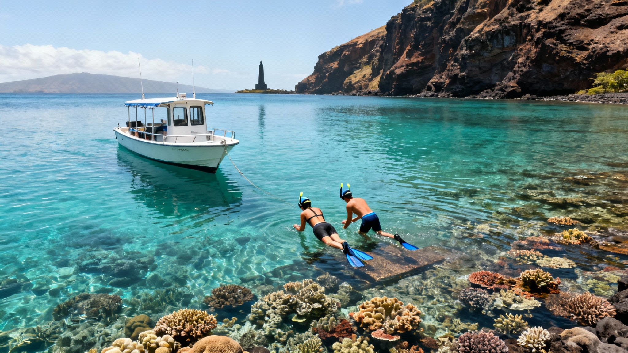 Two people snorkeling near a boat in clear Hawaiian waters with coral reefs and a monument.