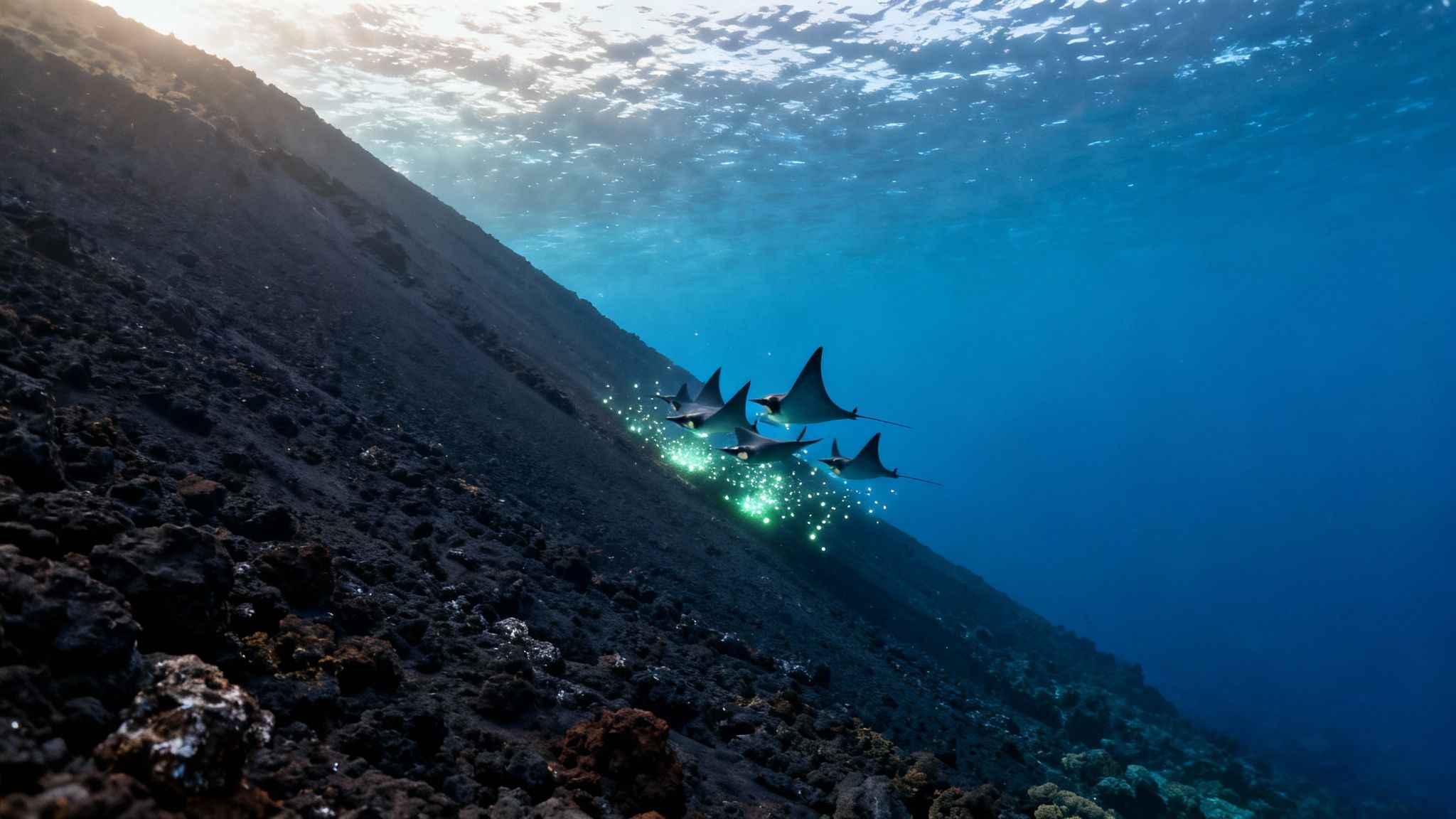 Manta rays swim gracefully along a dark volcanic underwater slope with bioluminescent glow, bathed in sunlight.