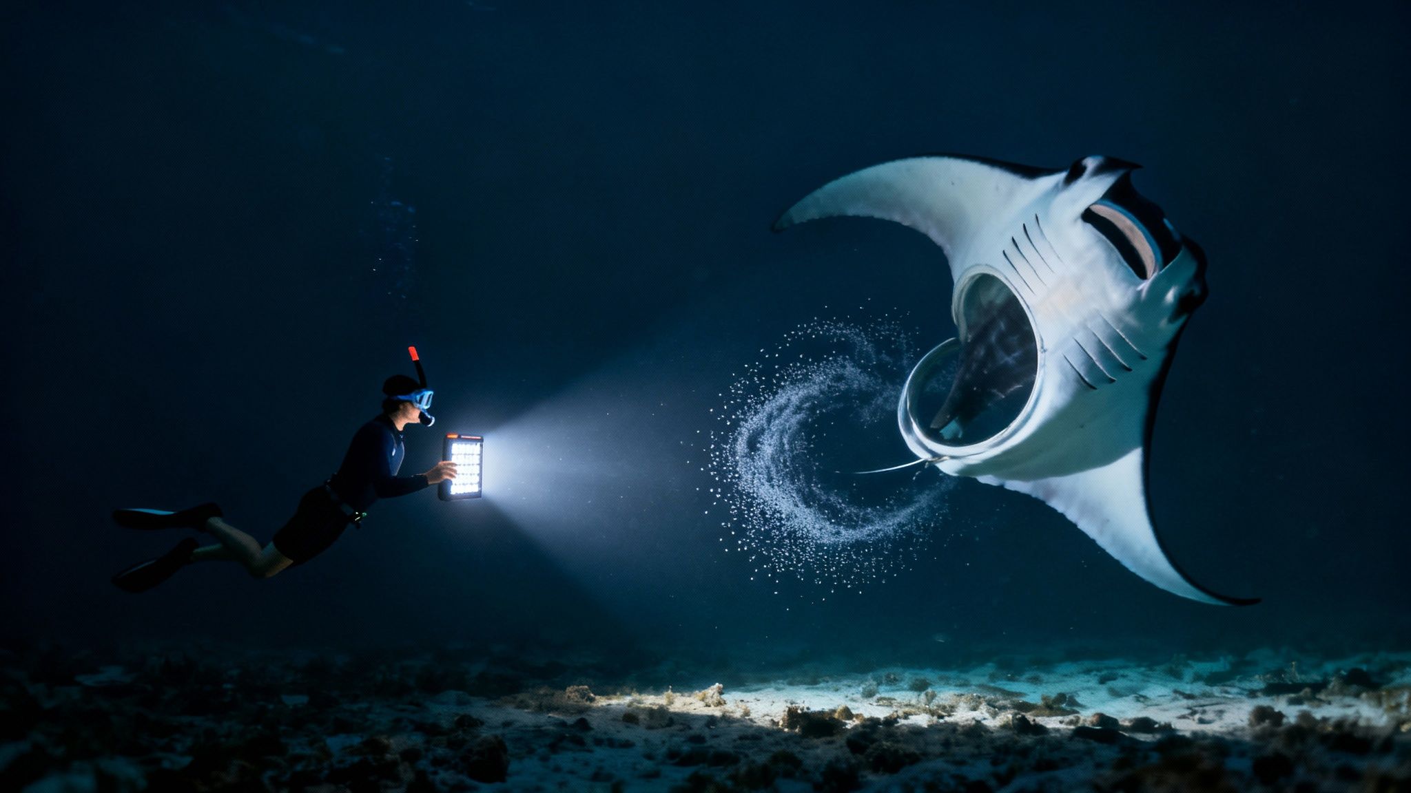 Snorkelers holding onto a light board watching a manta ray glide underneath them