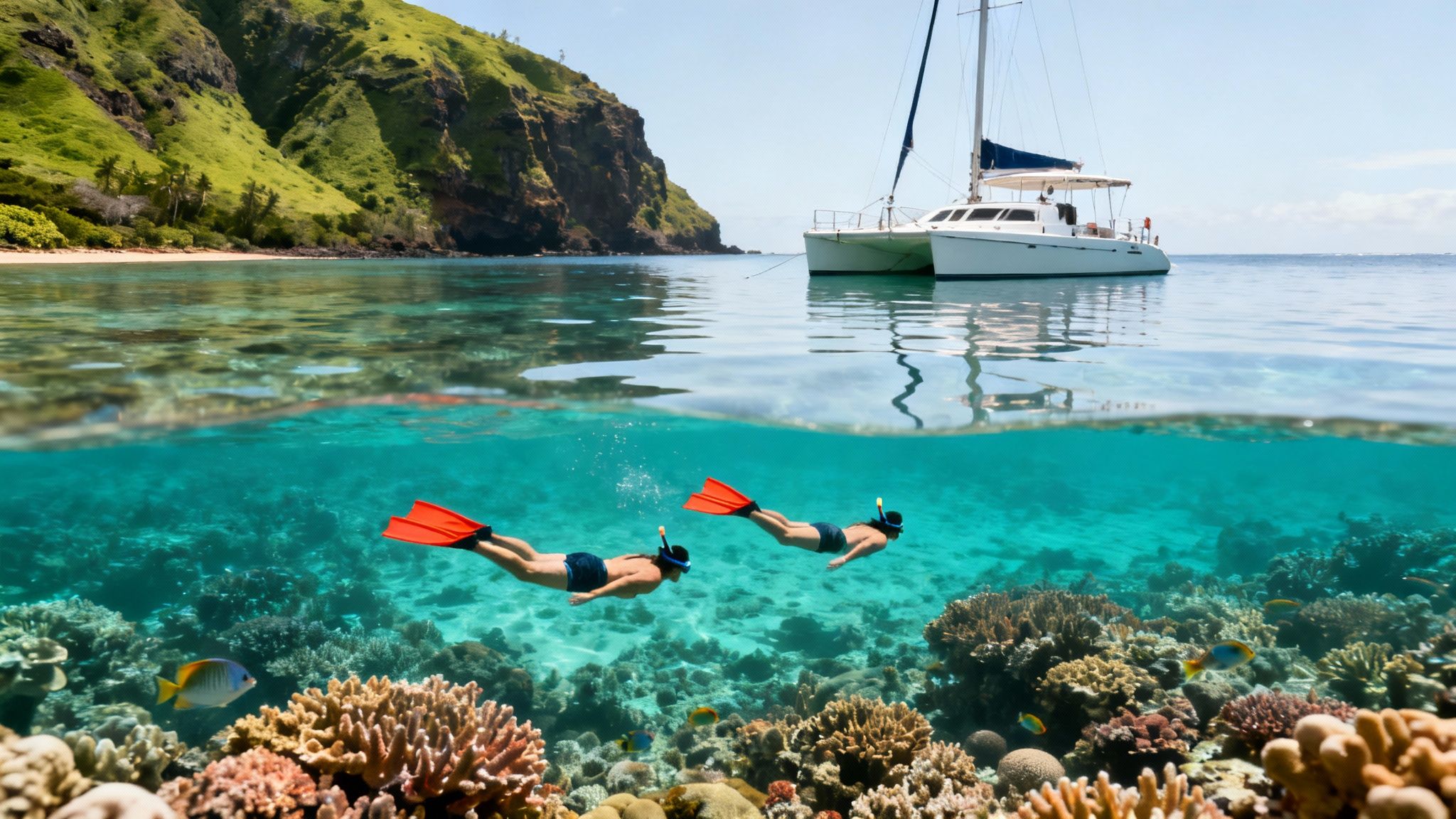 Two people snorkeling over a vibrant coral reef near a tropical island with a catamaran anchored.