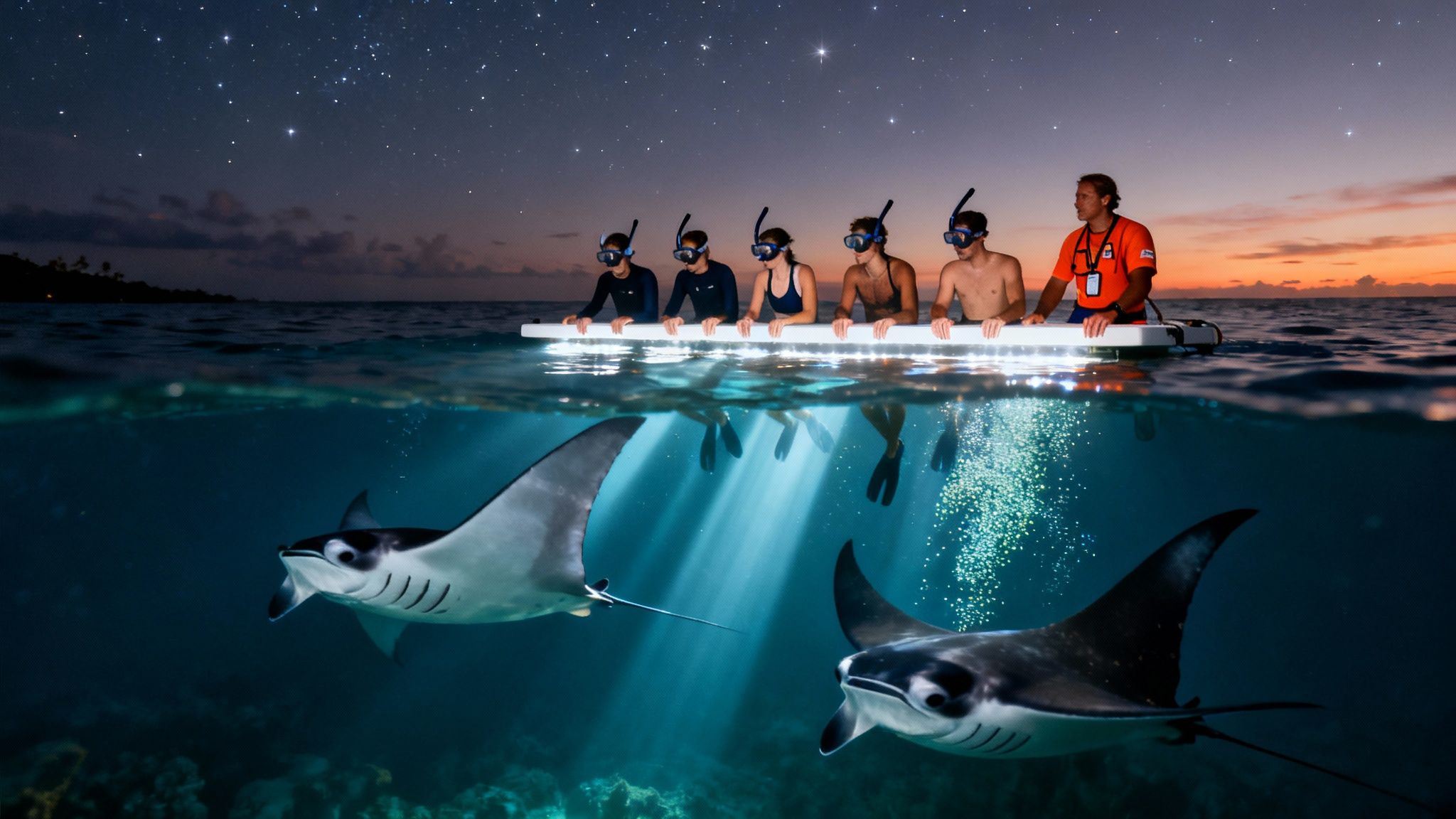 Snorkelers and a guide on a lighted raft at night watching manta rays under a starry sky.