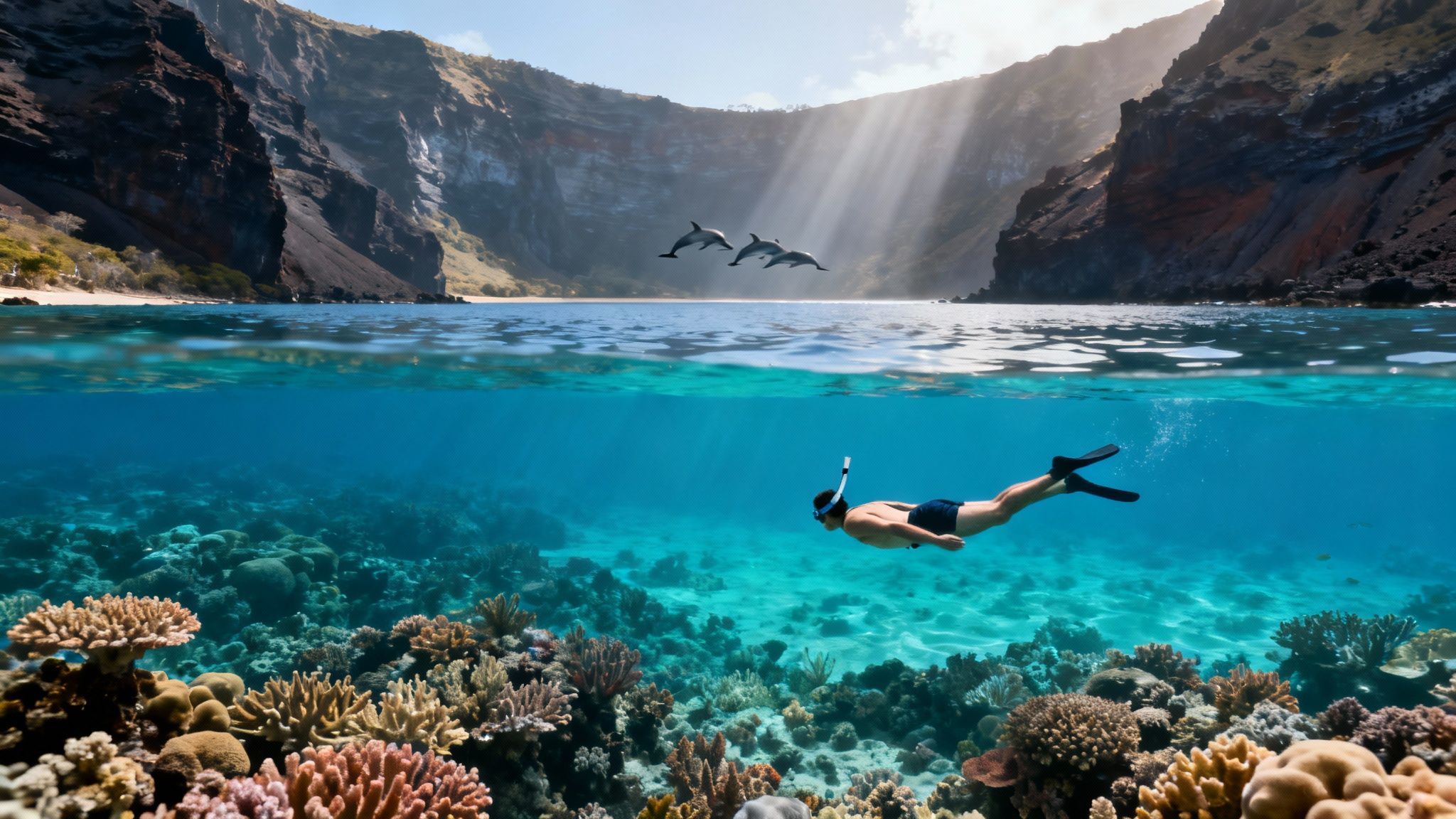 A breathtaking split-level view of a vibrant coral reef with a snorkeler and dolphins jumping above.