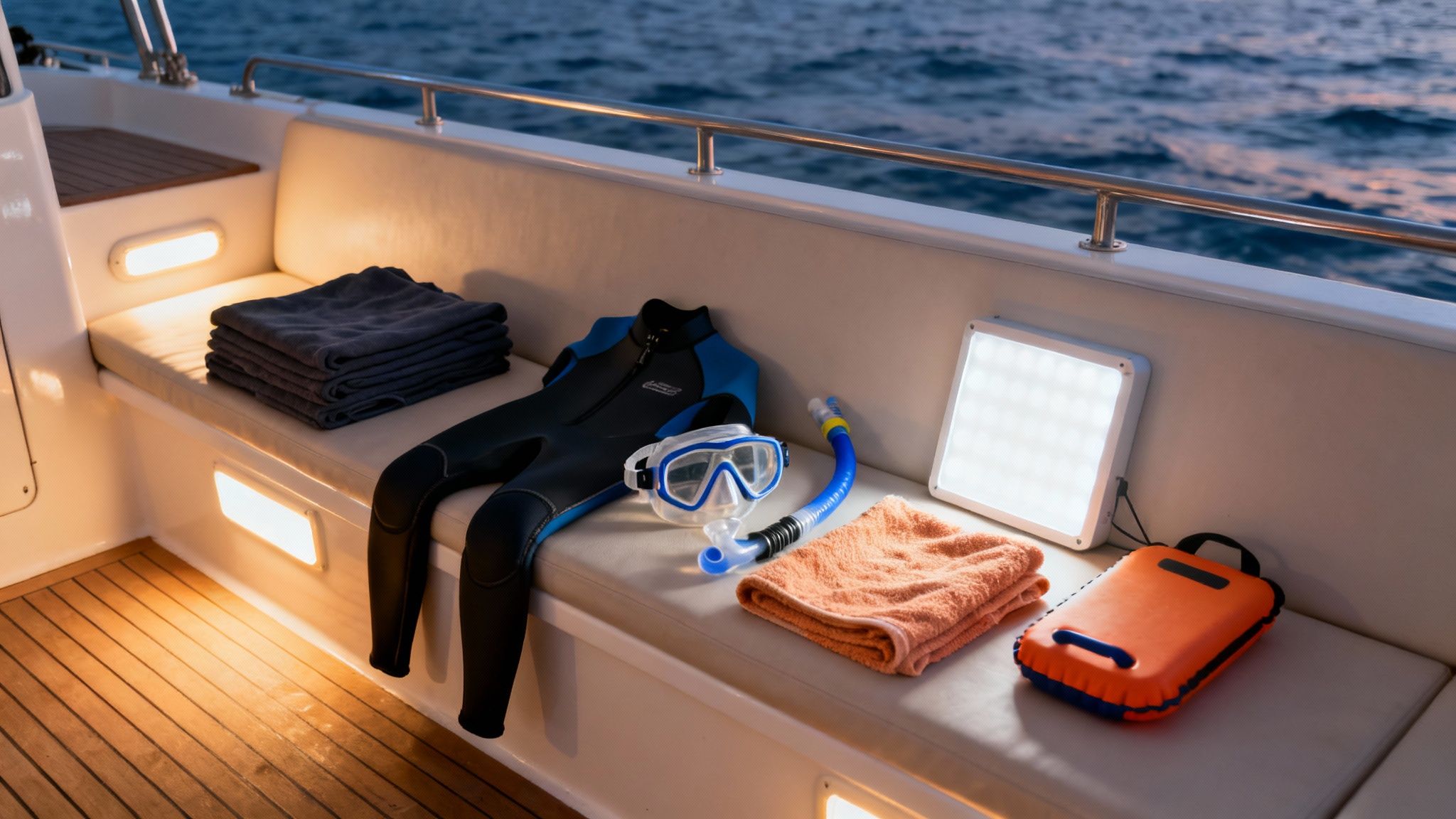 Snorkeling gear, towels, and a bright light on a boat deck at sea during evening.