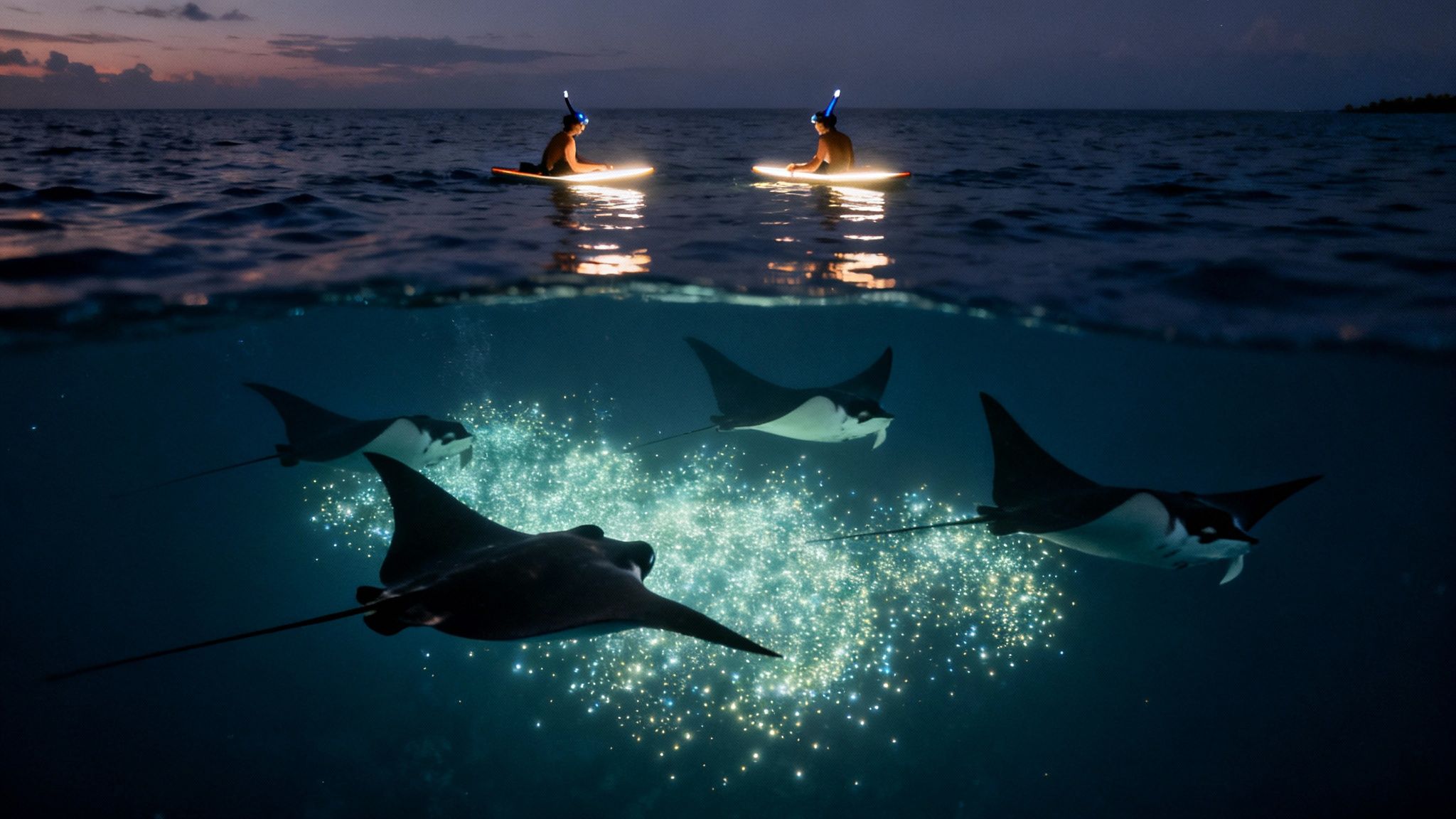 Two people snorkel at night above illuminated manta rays surrounded by bioluminescent plankton.