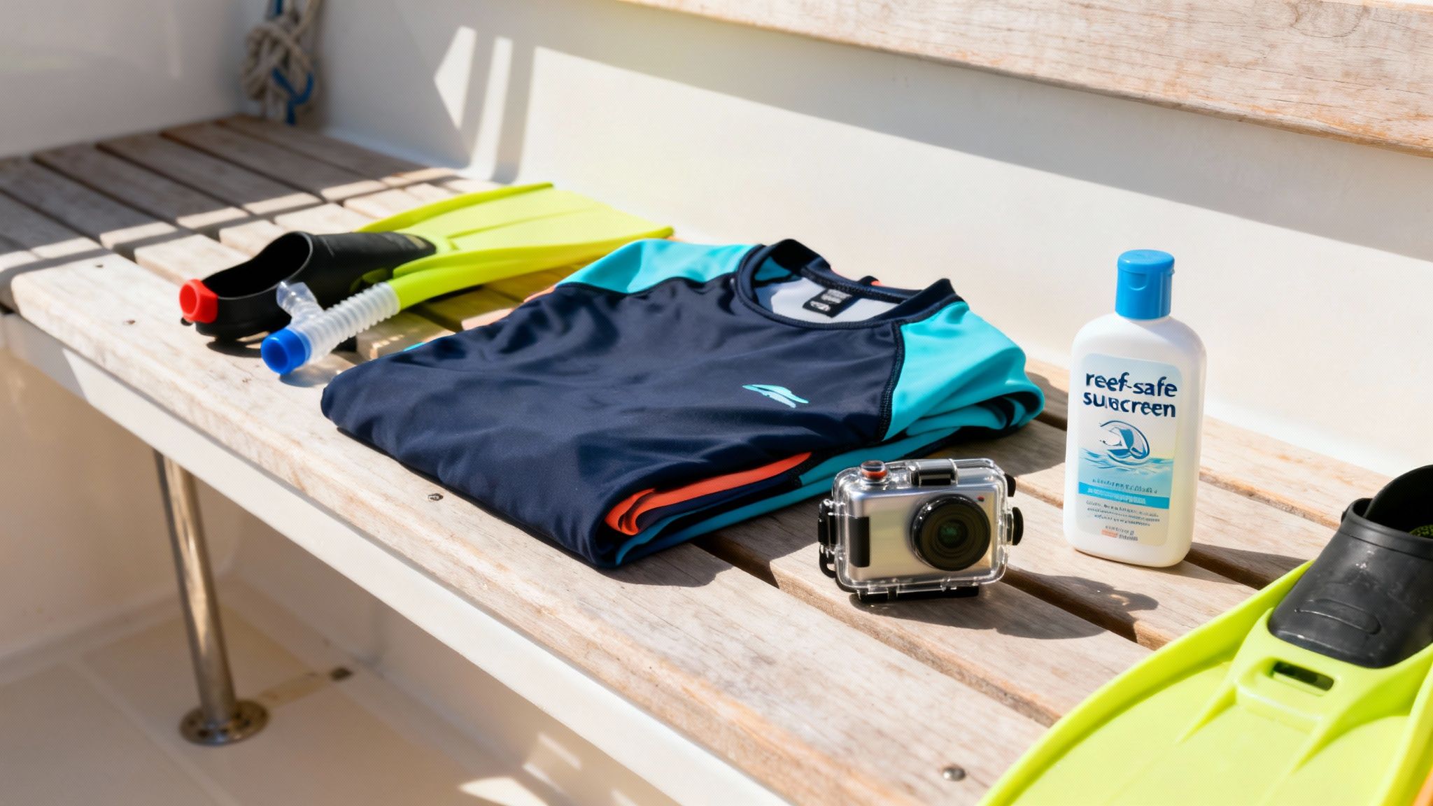 A person packing a beach bag with a towel, sunscreen, and snorkel gear for their trip.