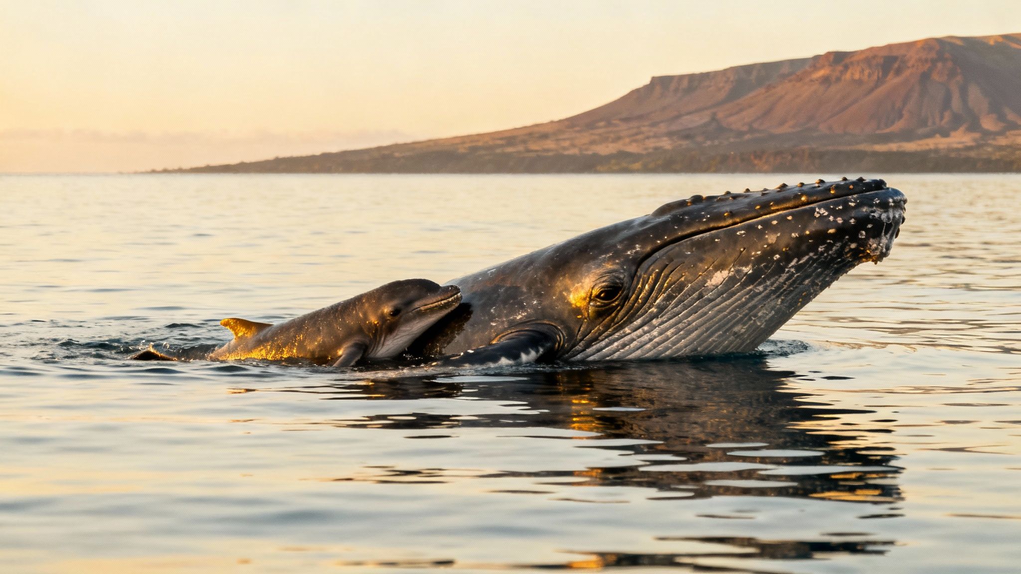 Humpback whale breaching surface during golden hour near Kona Hawaii coastline with mountain backdrop
