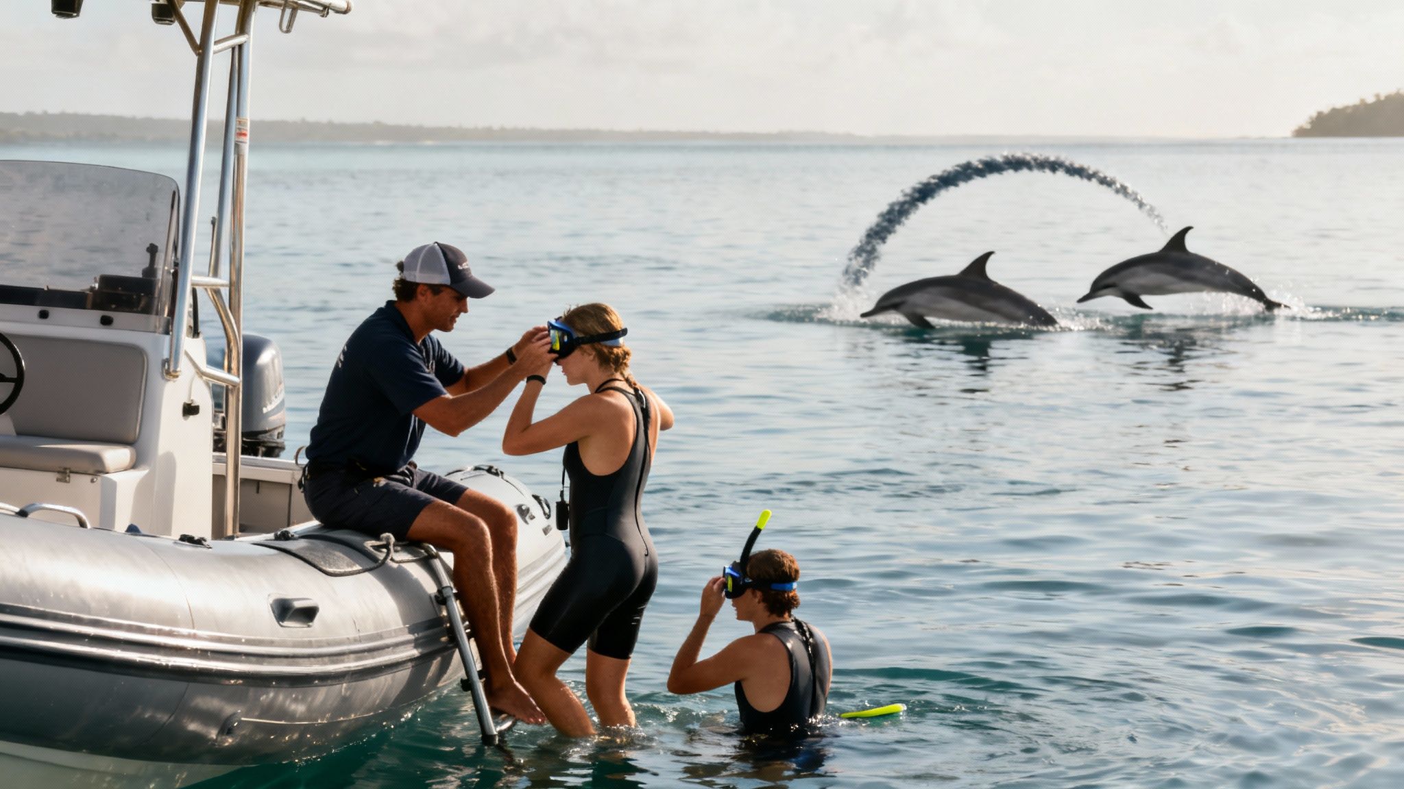 A boat guide assists a snorkeler with her mask as two dolphins jump in the ocean.
