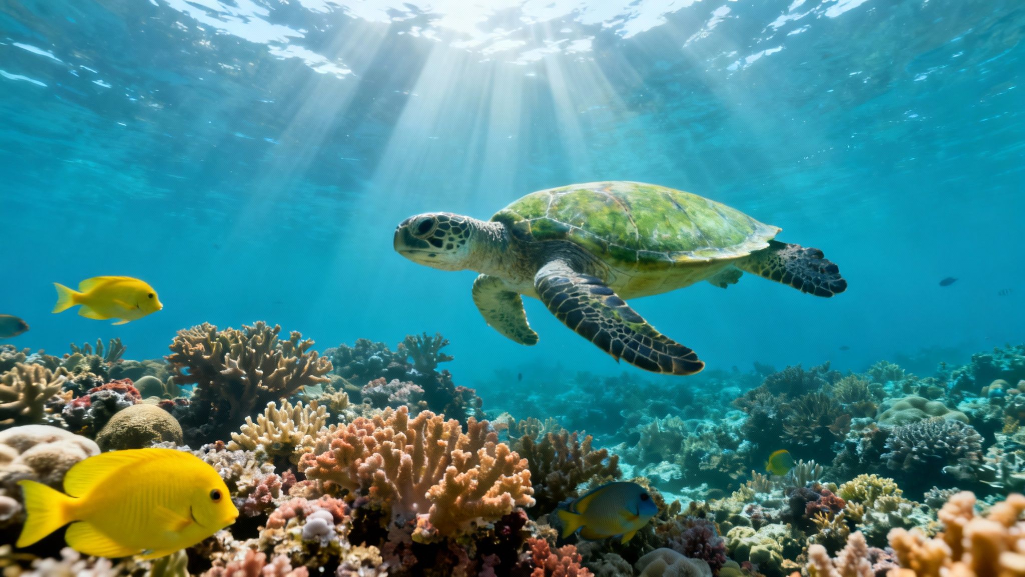 A green sea turtle swims gracefully above a vibrant coral reef, with yellow fish and sunbeams.