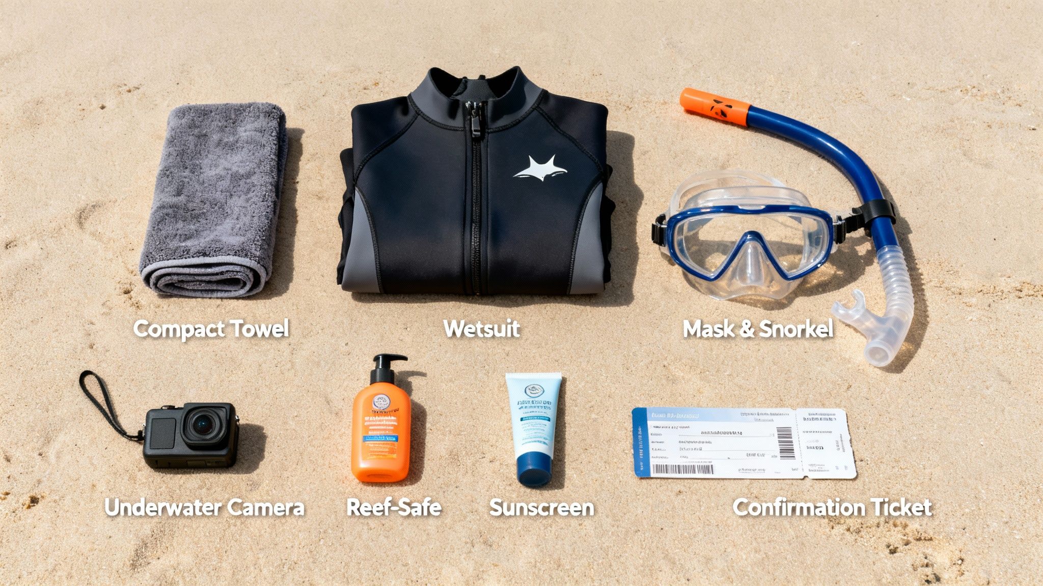 A flat lay of snorkeling gear, a wetsuit, camera, and travel essentials on a sandy beach.