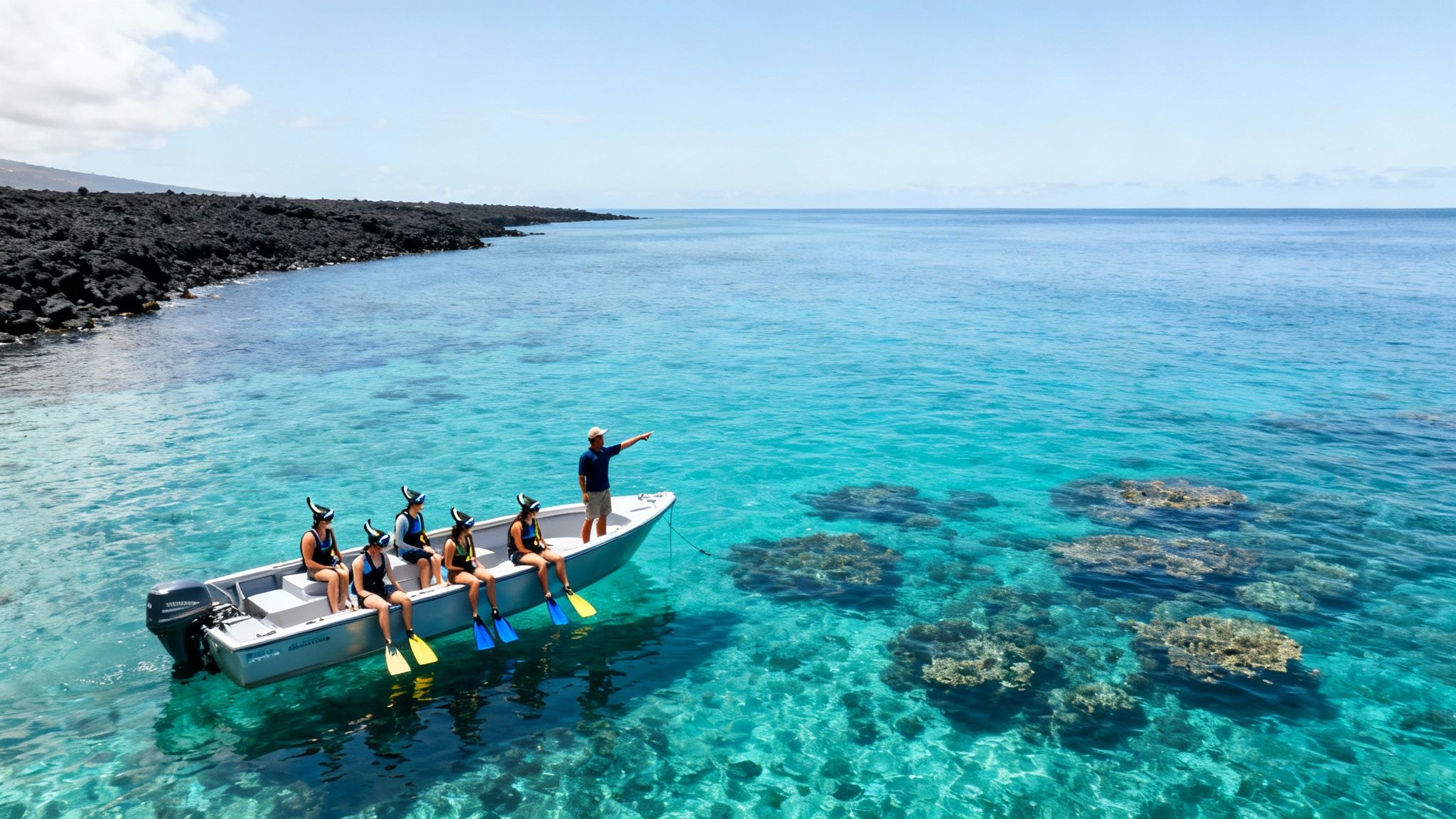 Snorkel tour boat with people in gear and guide pointing at vibrant coral reefs in Kona.