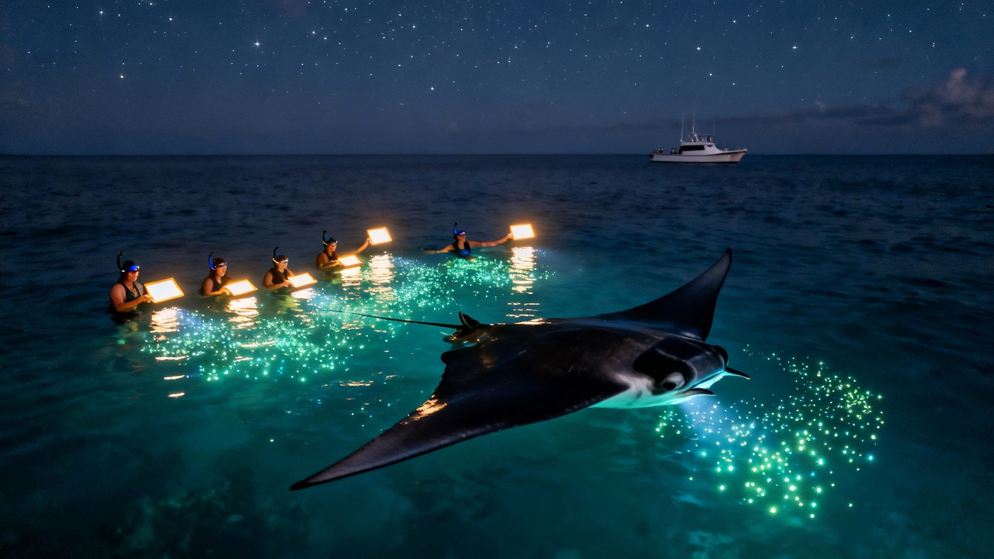 People snorkeling at night with glowing boards, attracting a large manta ray in bioluminescent water.