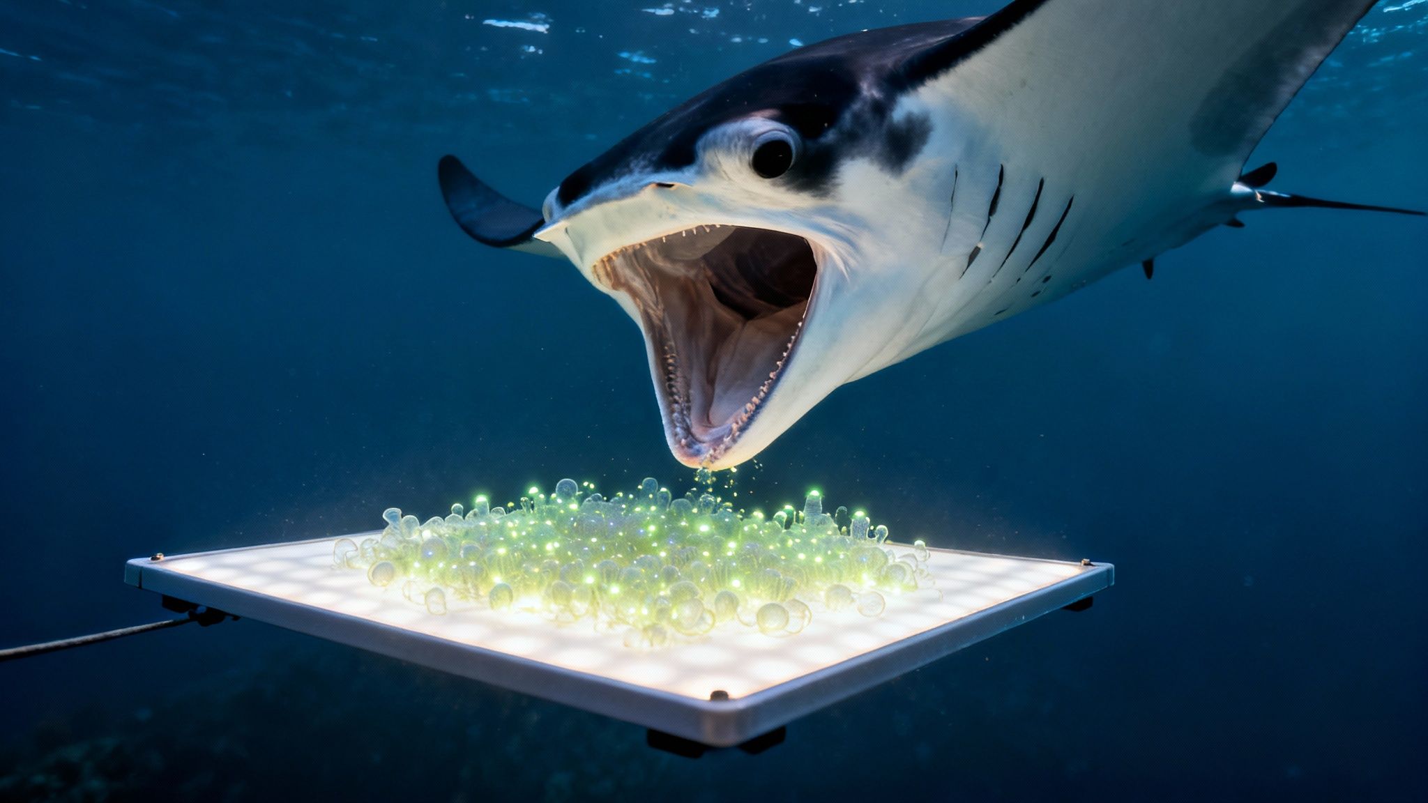 A giant manta ray with its mouth open feeding on glowing plankton over a lit platform underwater.