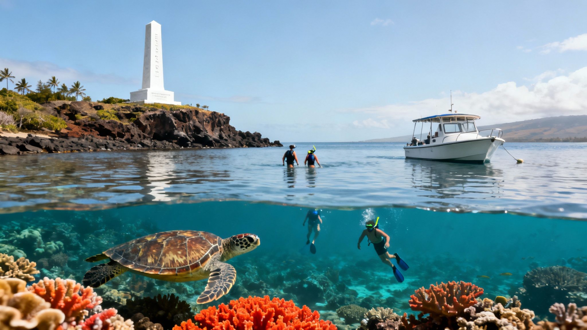 Snorkelers exploring the vibrant coral reefs near the Captain Cook monument in Kealakekua Bay.