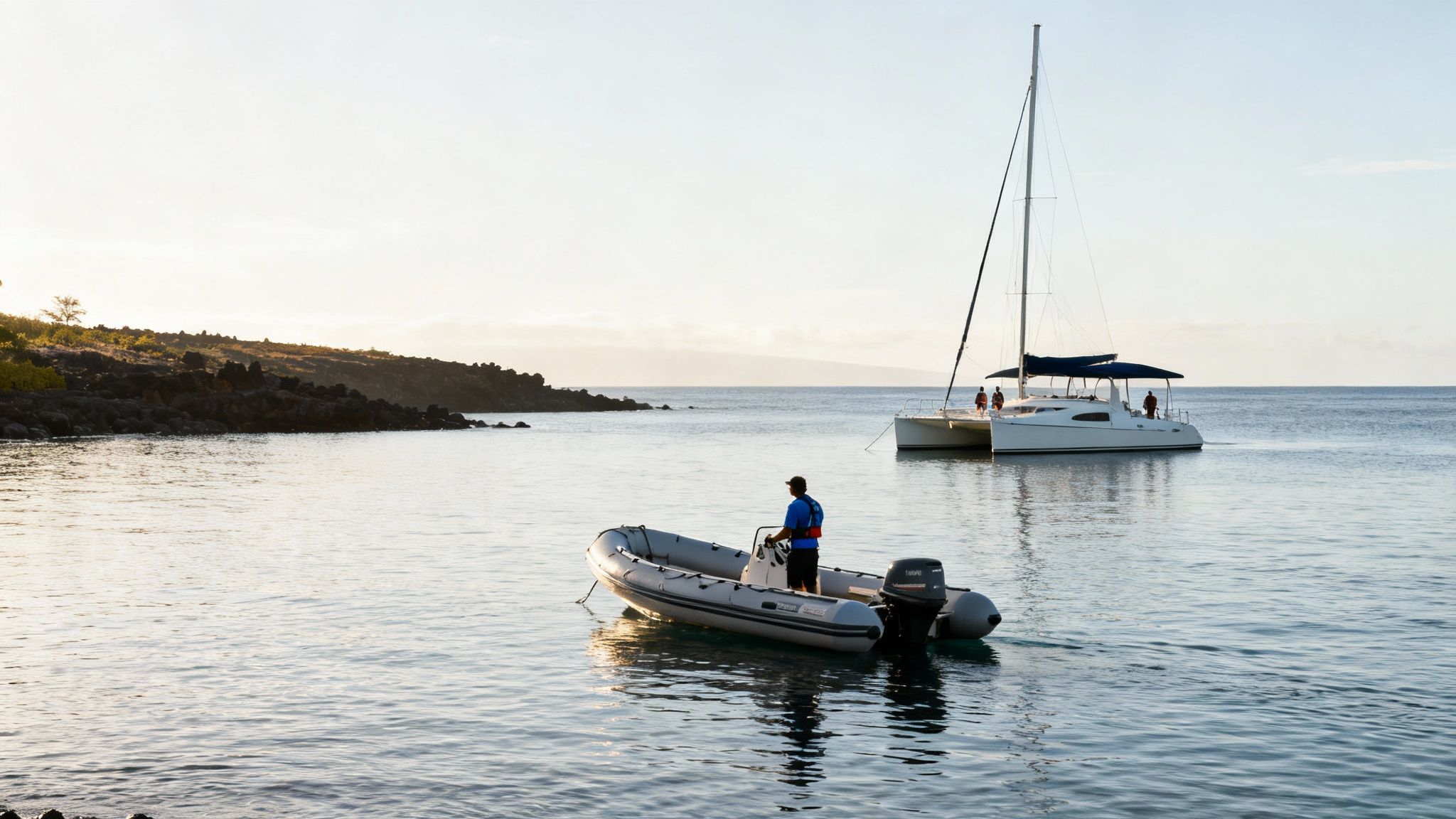 Man drives an inflatable boat towards a catamaran sailboat in a calm, tropical bay at dawn.