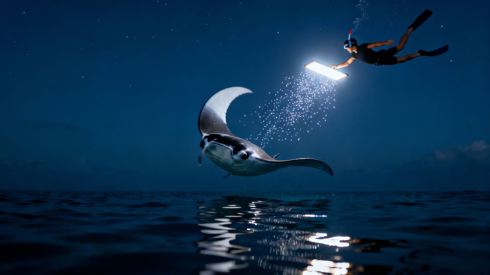 A diver uses a bright light to attract a large manta ray in the dark night ocean.