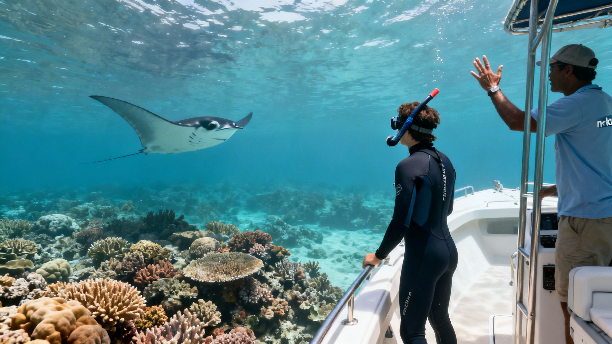 A snorkeler and guide on a boat observe a large manta ray and colorful coral reefs.