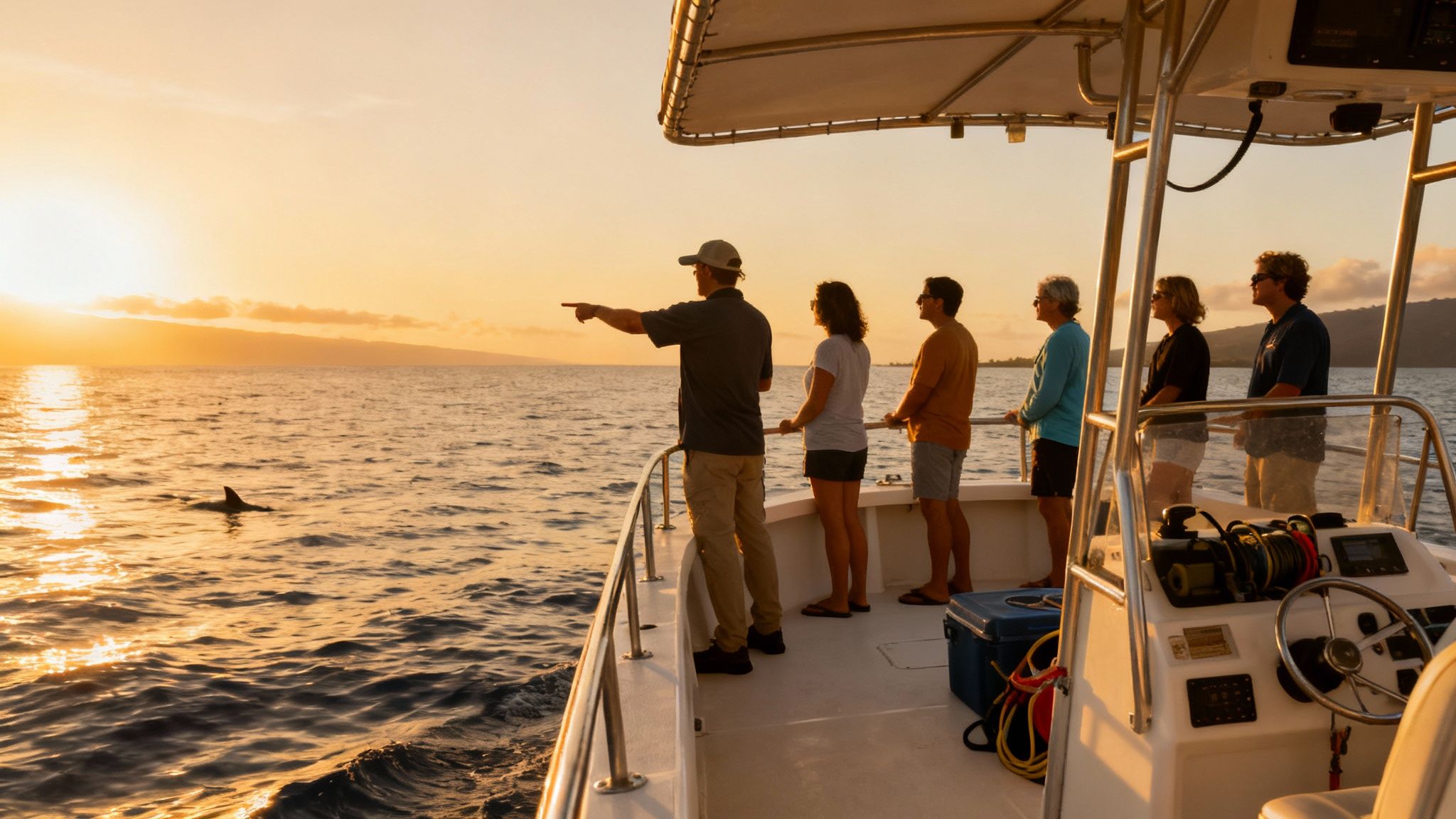 Tourists on a boat at sunset watch a dolphin, with one person pointing towards it.