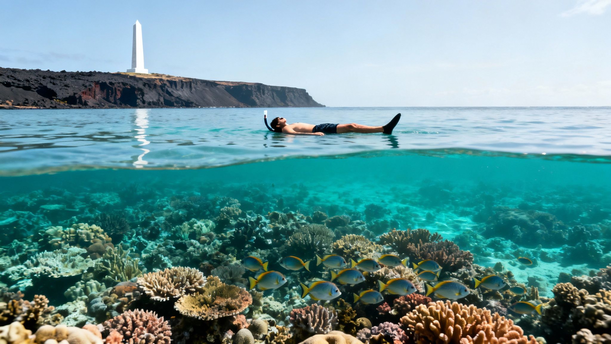 Split shot of a man snorkeling above a colorful coral reef with fish and a distant lighthouse.