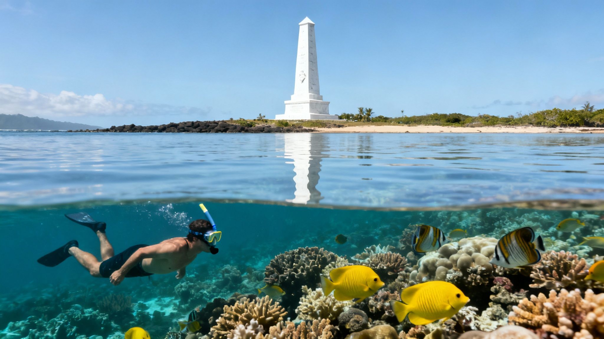 Man snorkeling over vibrant coral reef with tropical fish, a white monument on a beach above.