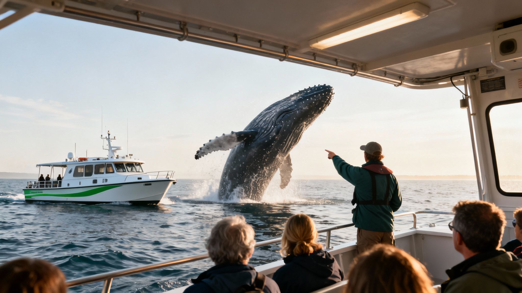 People on a whale watching tour boat observe a large humpback whale breaching out of the ocean.