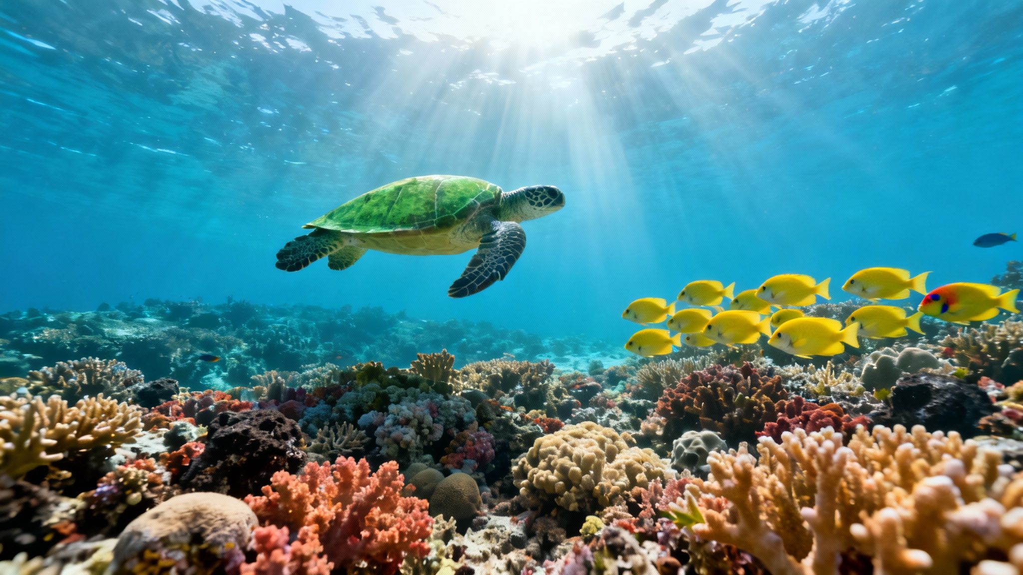 Green sea turtle swims gracefully over a colorful coral reef, surrounded by yellow fish.