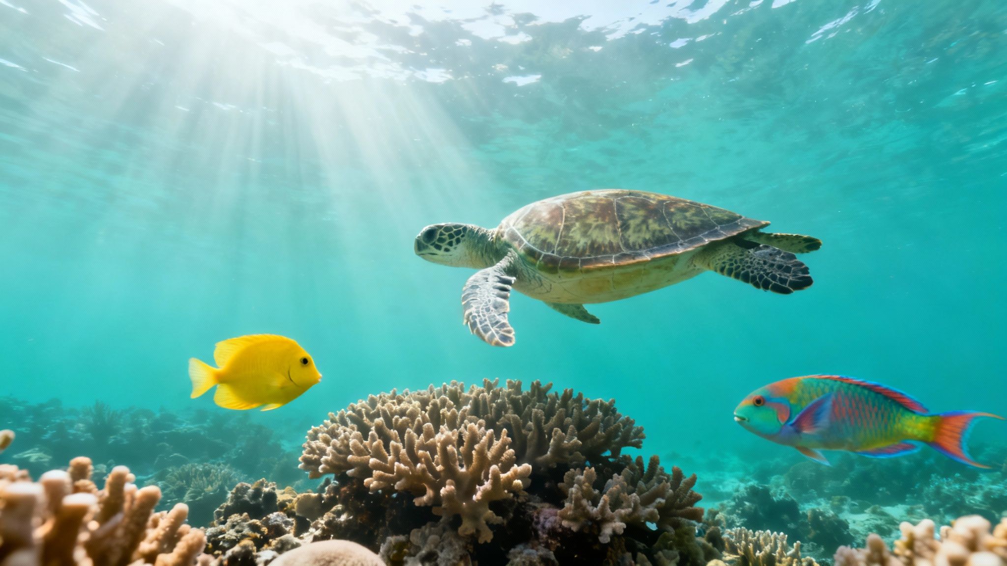 An underwater scene with a sea turtle swimming over coral reefs, accompanied by two colorful fish under sunlight.