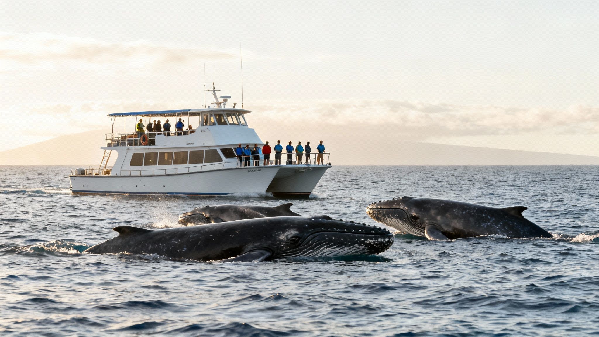 Tourists on a catamaran boat observe multiple humpback whales surfacing during a whale watching tour near Kona.