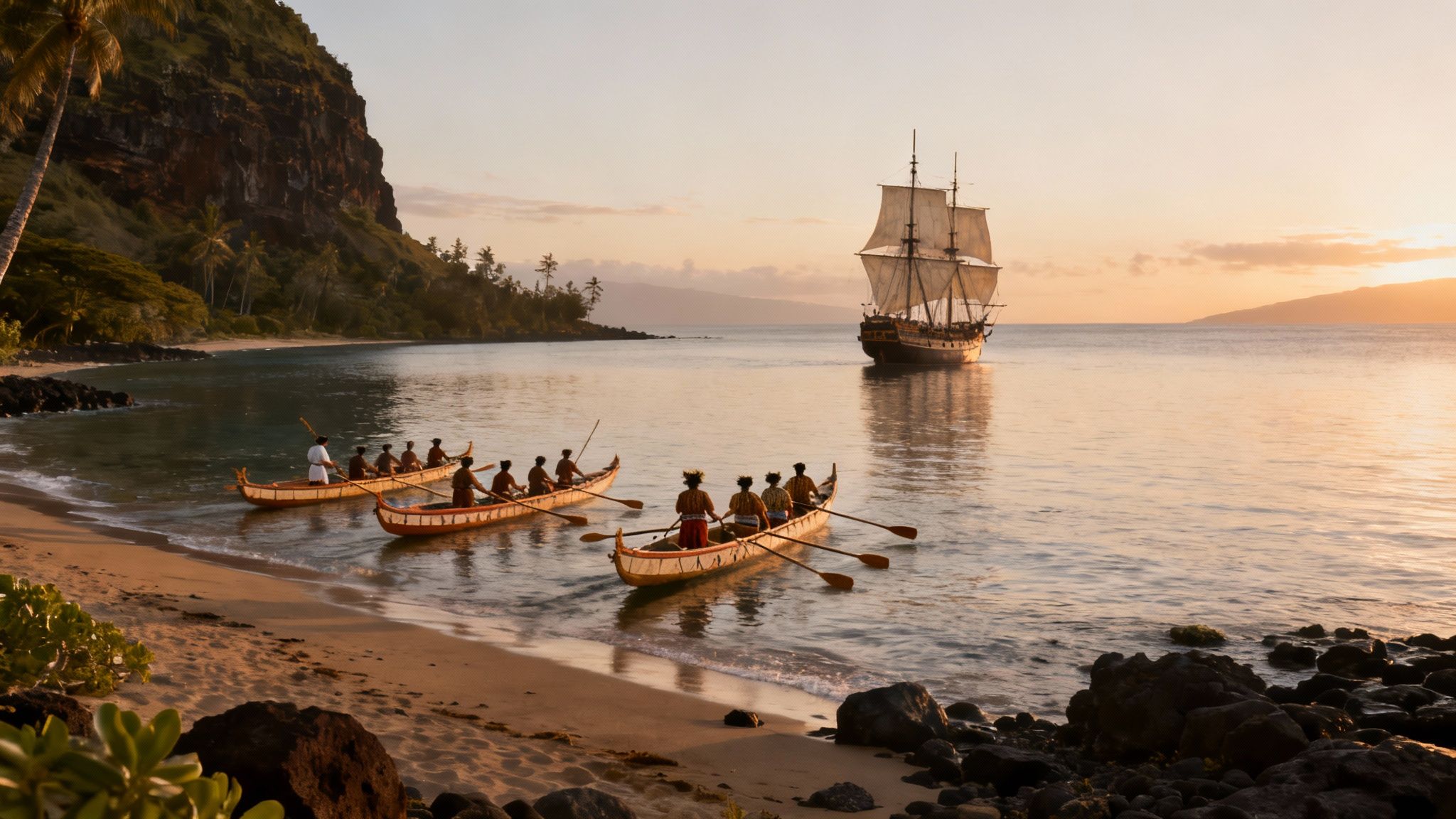 Three traditional canoes with paddlers approach a tropical beach, overlooked by a historic tall ship at sunset.