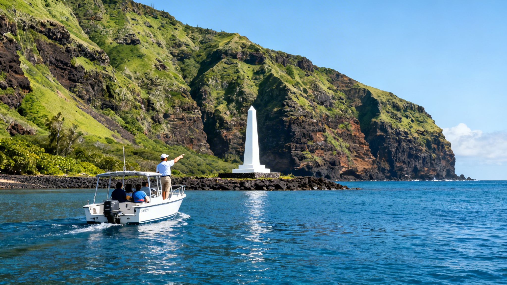 A tour boat on blue water with passengers, a guide pointing to a white monument by green cliffs.
